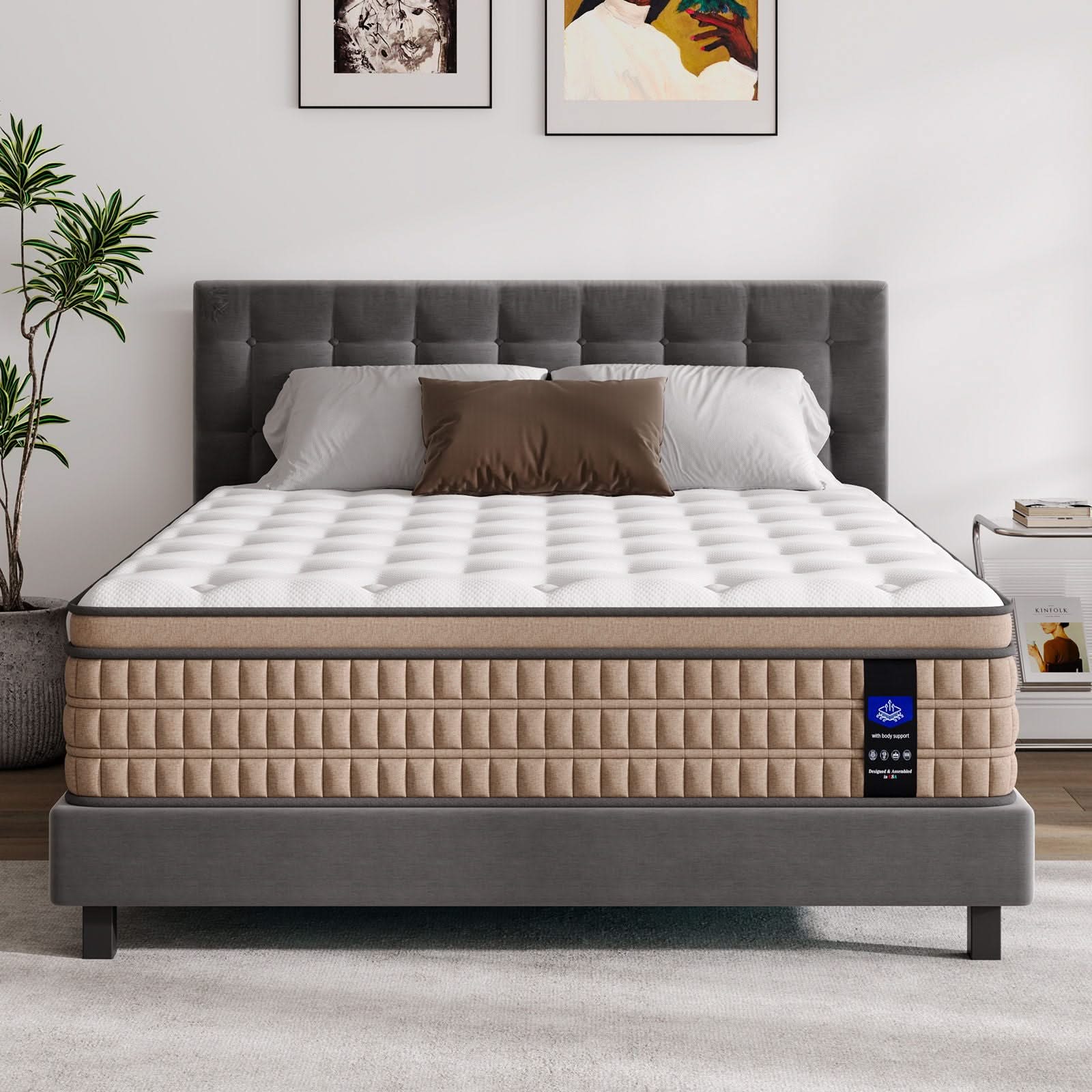 14" Mattress Hotel Collection Hybrid Mattress With Gel Memory Foam & Pocket Springs - Brown / White - King - Image 3