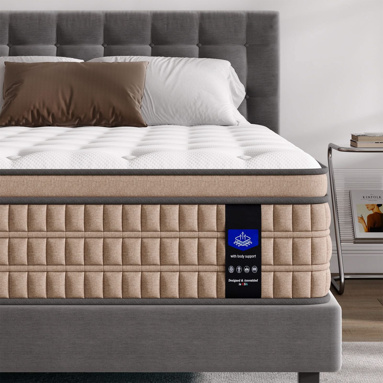 14" Mattress Hotel Collection Hybrid Mattress With Gel Memory Foam & Pocket Springs - Brown / White - King - Image 4