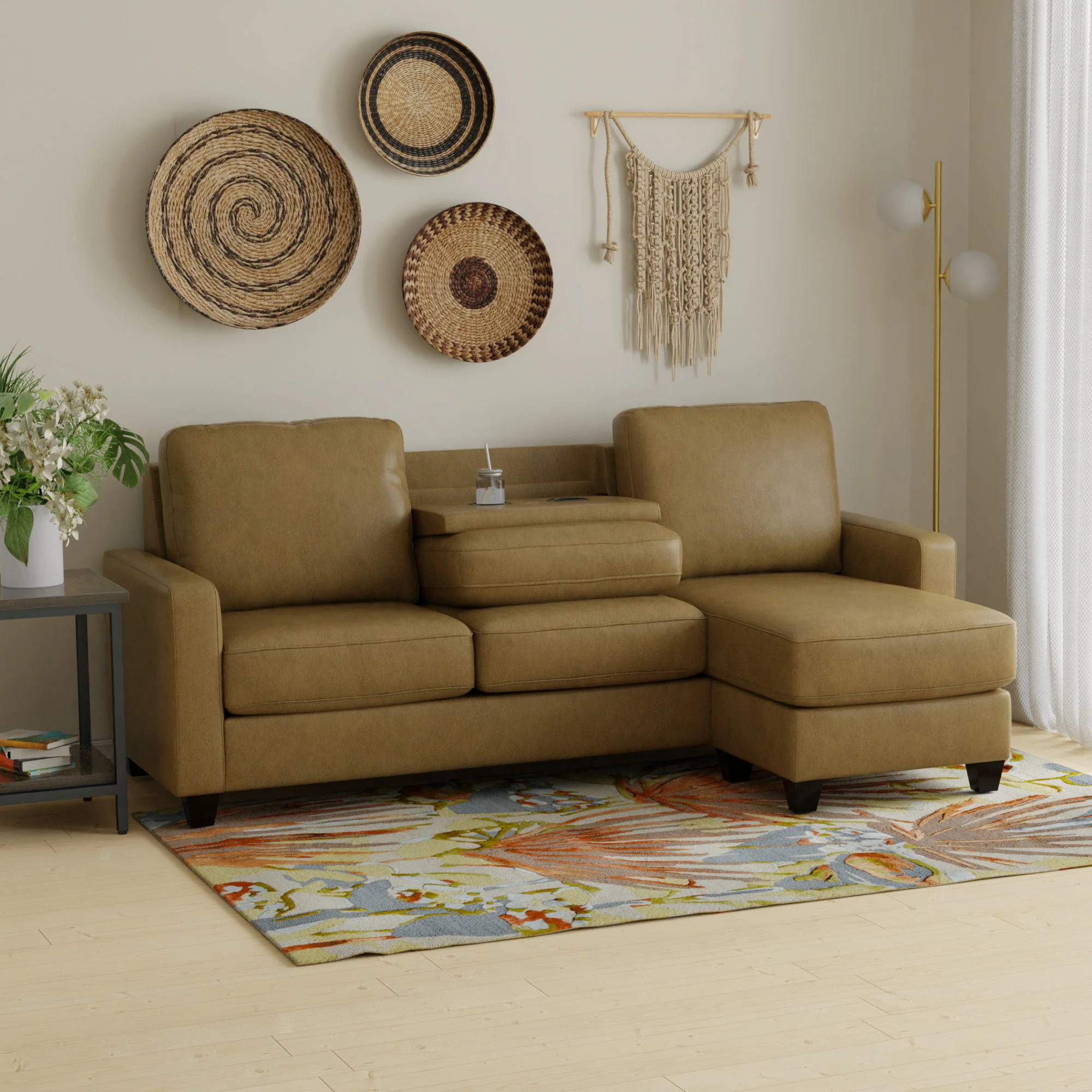 2 Piece Sofa With Chaise, Comfortable Seating For 3, Tapered Feet, USB Charging Console - Brown - Image 4