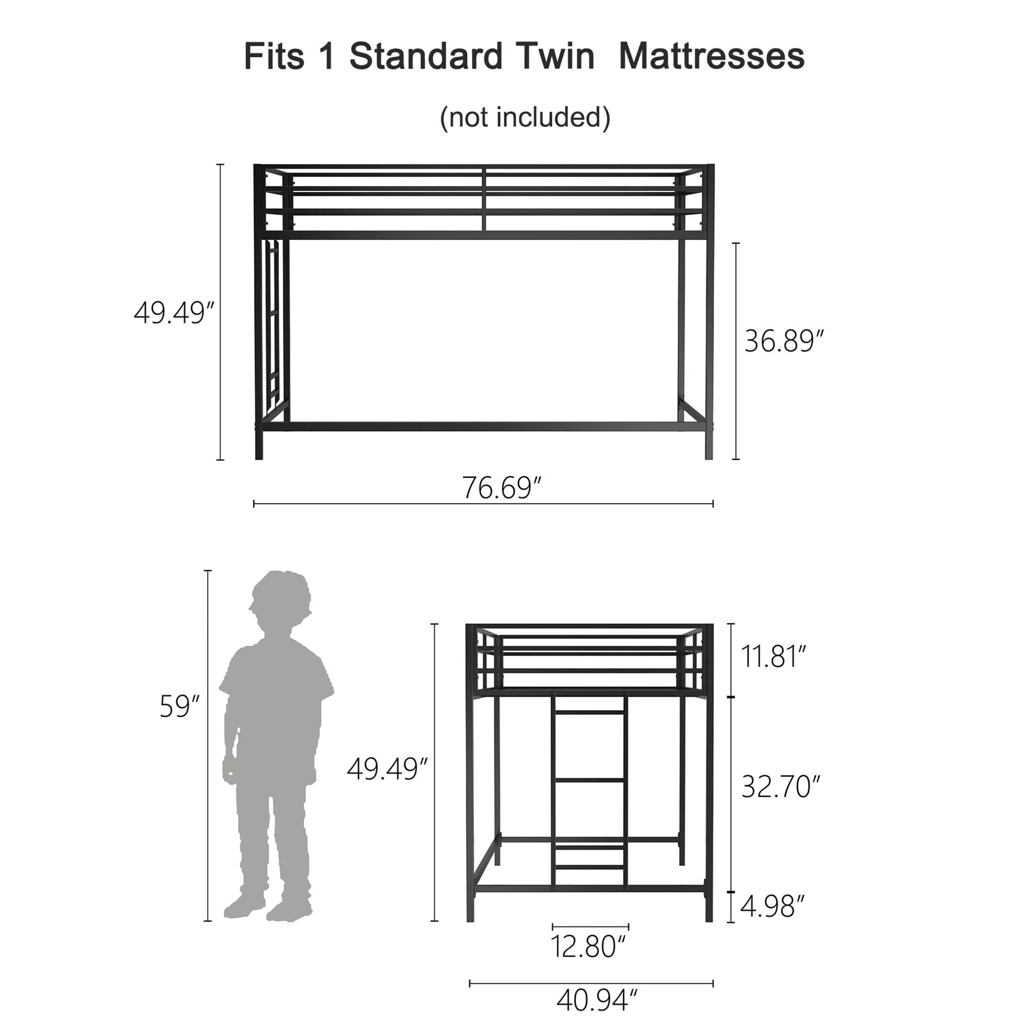 Adam - Twin Loft Bunk Bed With Cinnamon Wood Shelf - Black - Image 3