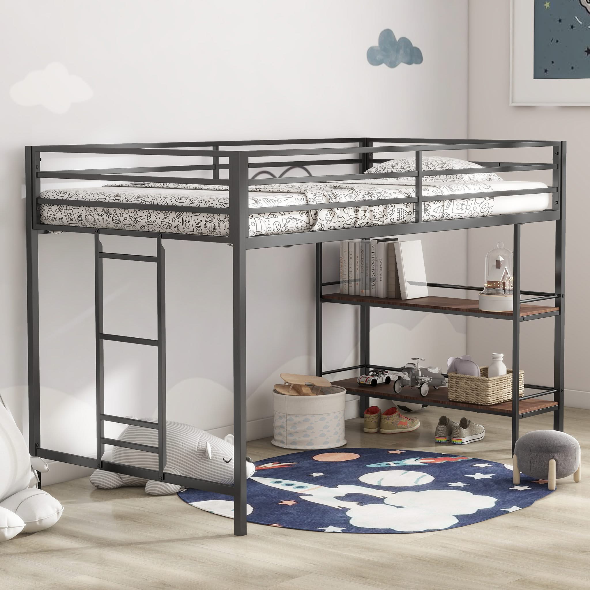 Adam - Twin Loft Bunk Bed With Cinnamon Wood Shelf - Black - Image 4