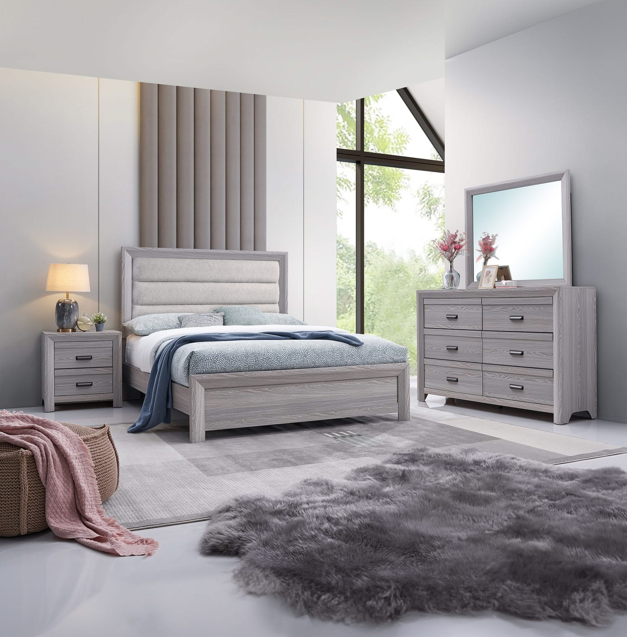 Adelaide - King 4 Piece Upholstered Bedroom Set - Drift Wood