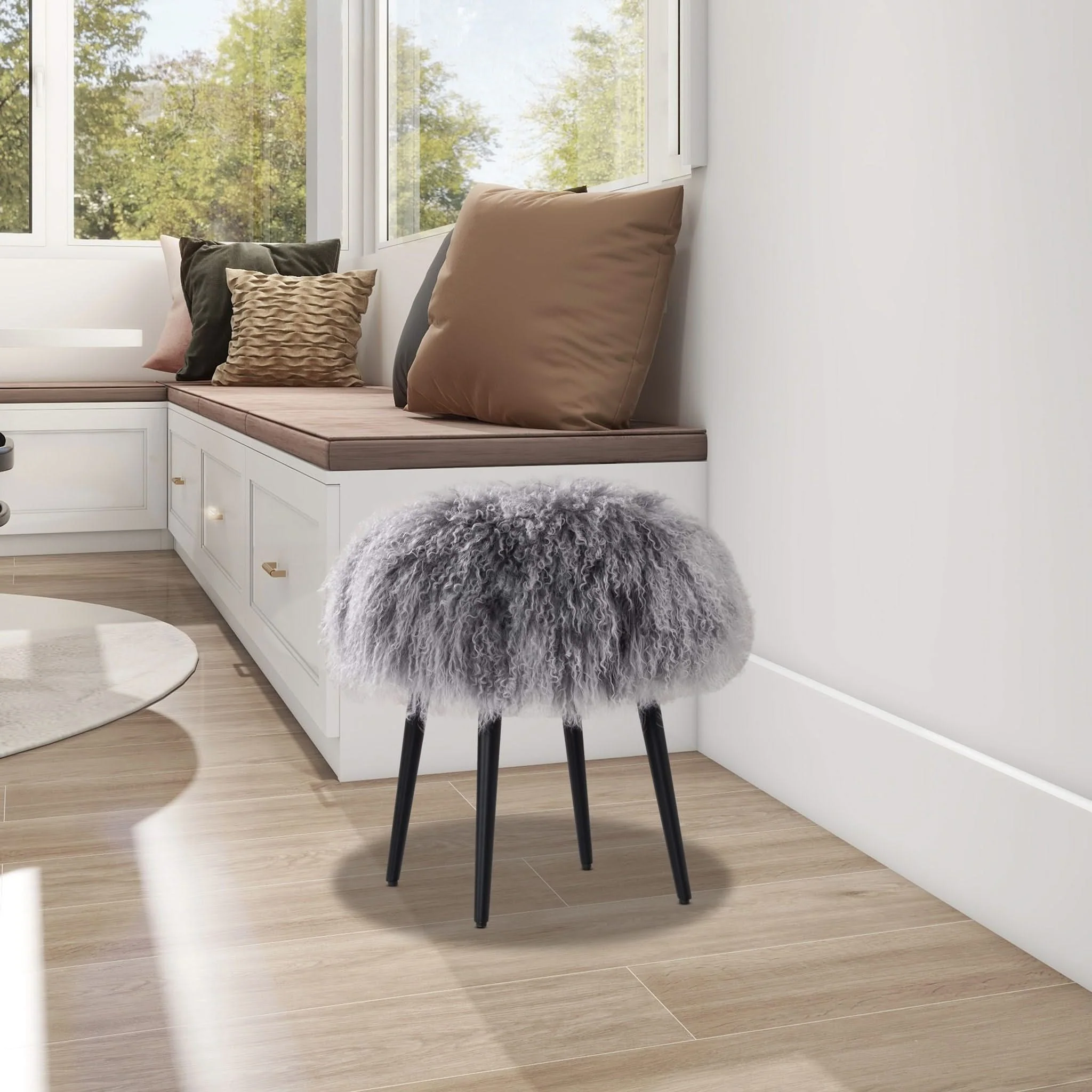 Alberta - Mongolian Sheepskin Round Ottoman - Image 2