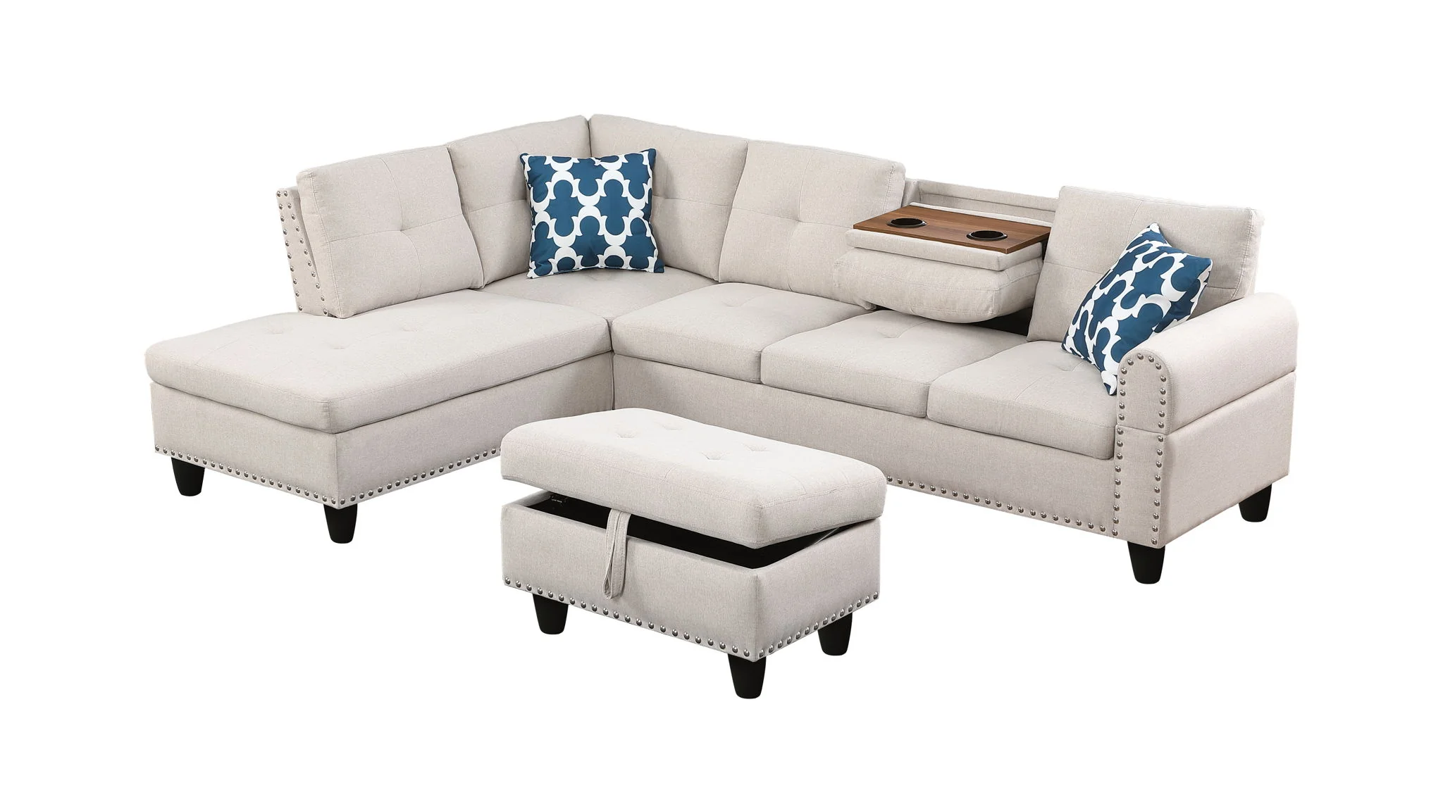 Alger - Wide Left Hand Facing Sofa & Chaise With Ottoman - Beige - Image 3
