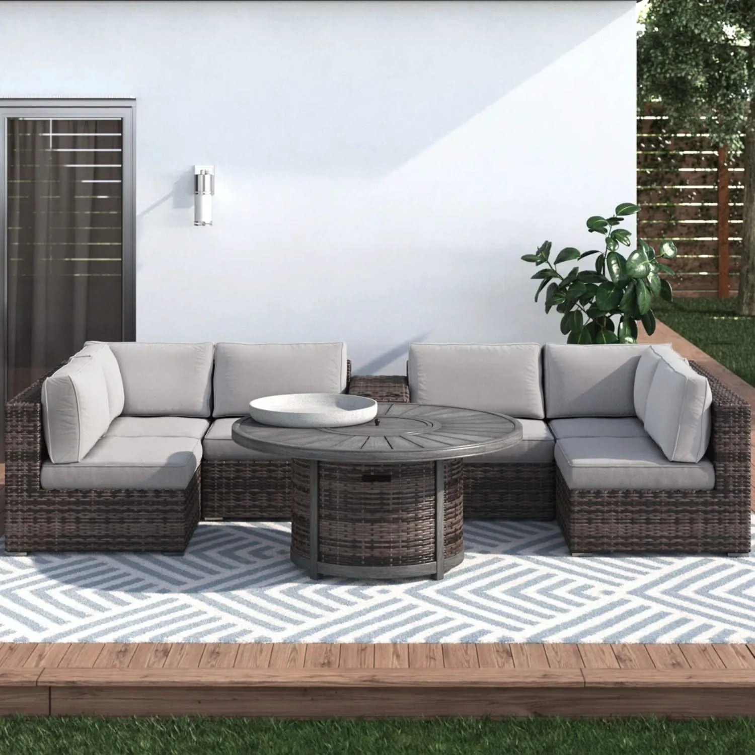 All Weather 4 Person Patio Sofa Set With Fire Pit And Side Table Rustproof - Brown - Image 2