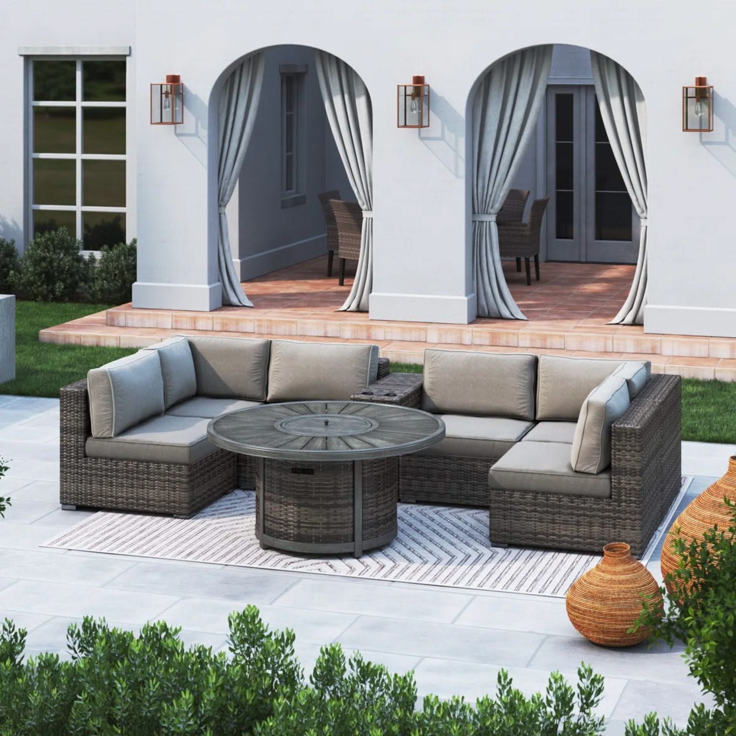 All Weather 4 Person Patio Sofa Set With Fire Pit And Side Table Rustproof - Brown - Image 4