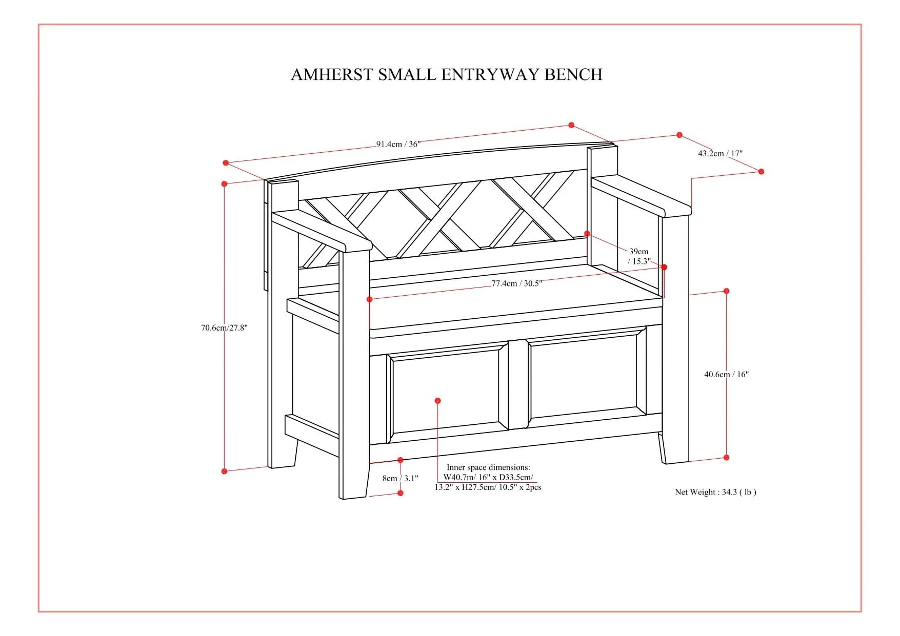 Amherst - Small Transitional Entryway Storage Bench - Image 16