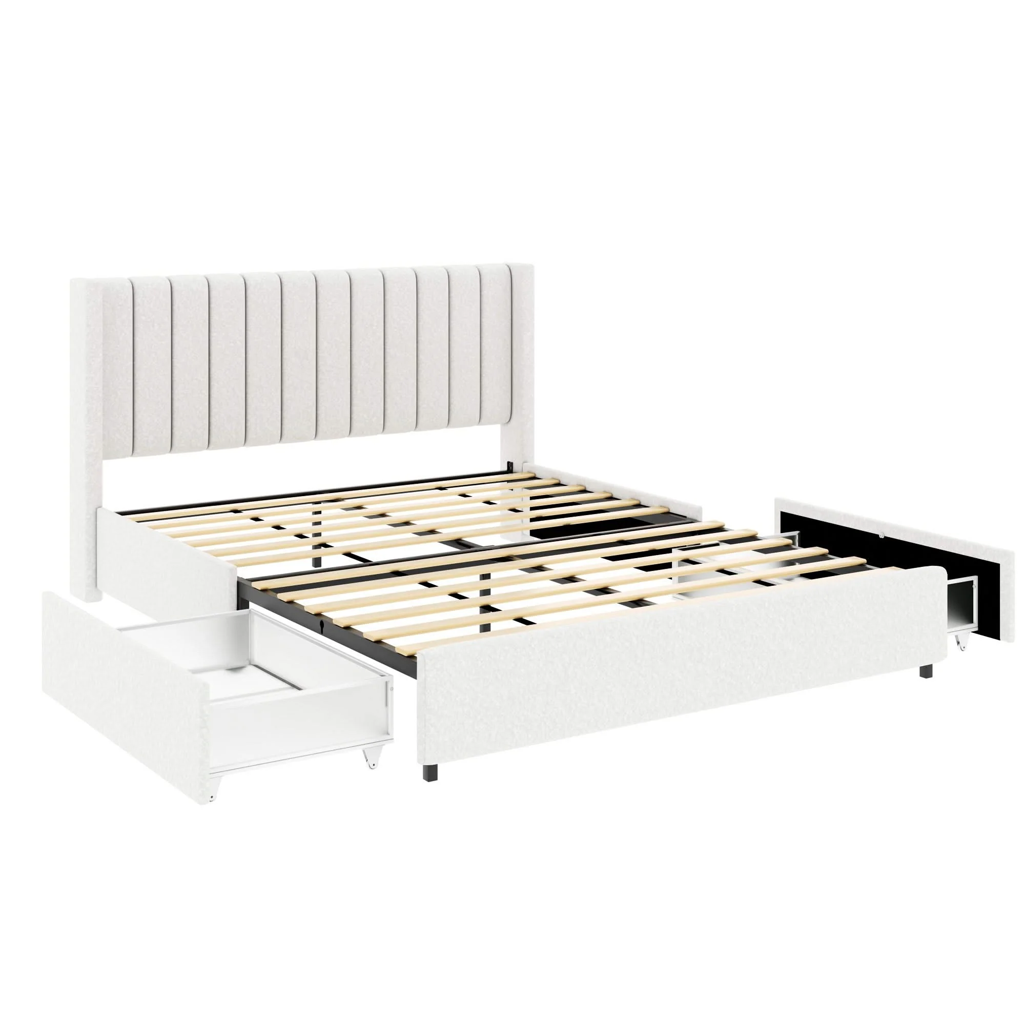 Anda - Boucle Upholstered Platform Bed With Patented Drawers Storage - Ivory - Image 2