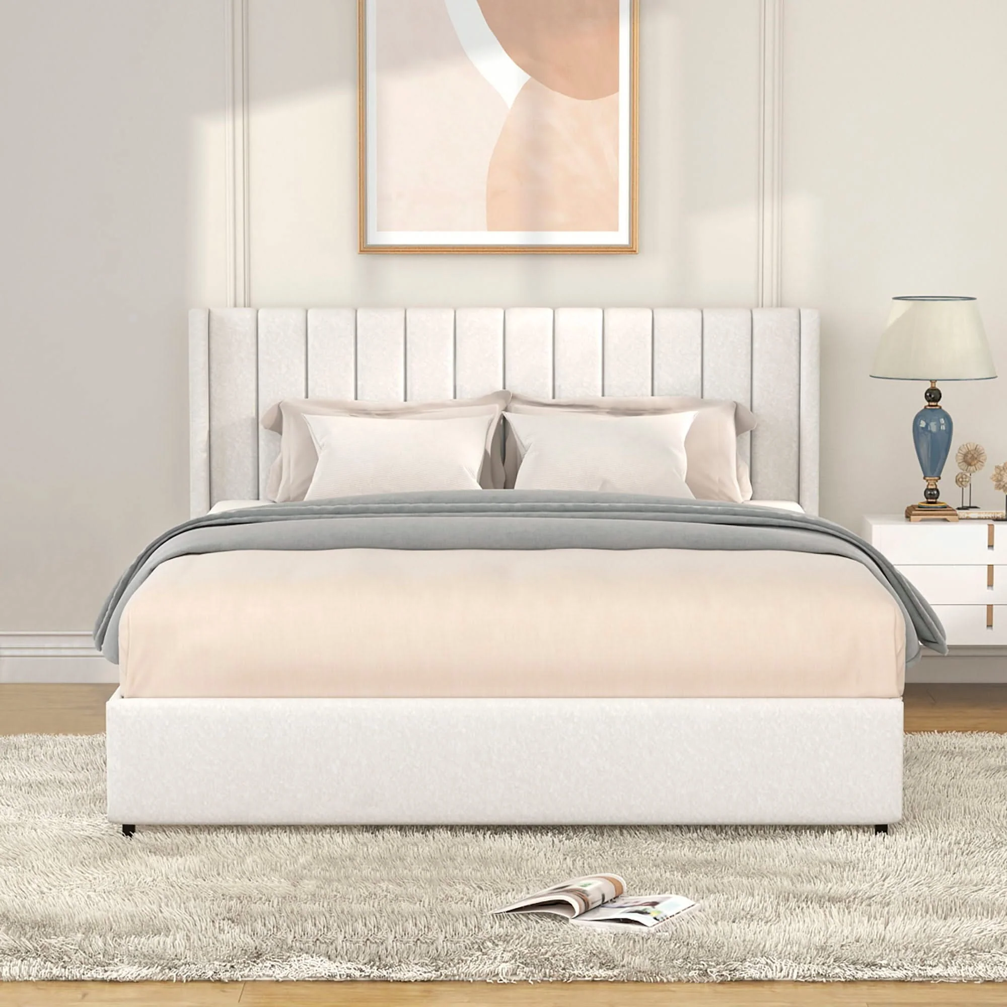 Anda - Boucle Upholstered Platform Bed With Patented Drawers Storage - Ivory - Image 6
