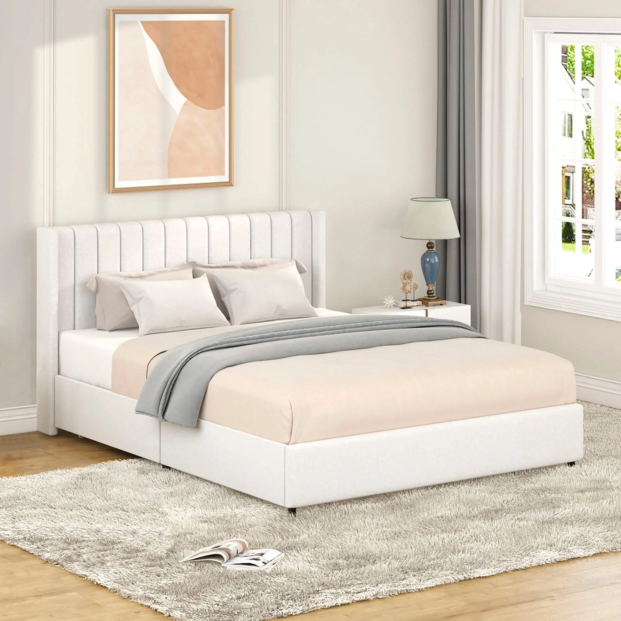 Anda - Boucle Upholstered Platform Bed With Patented Drawers Storage - Ivory - Image 7