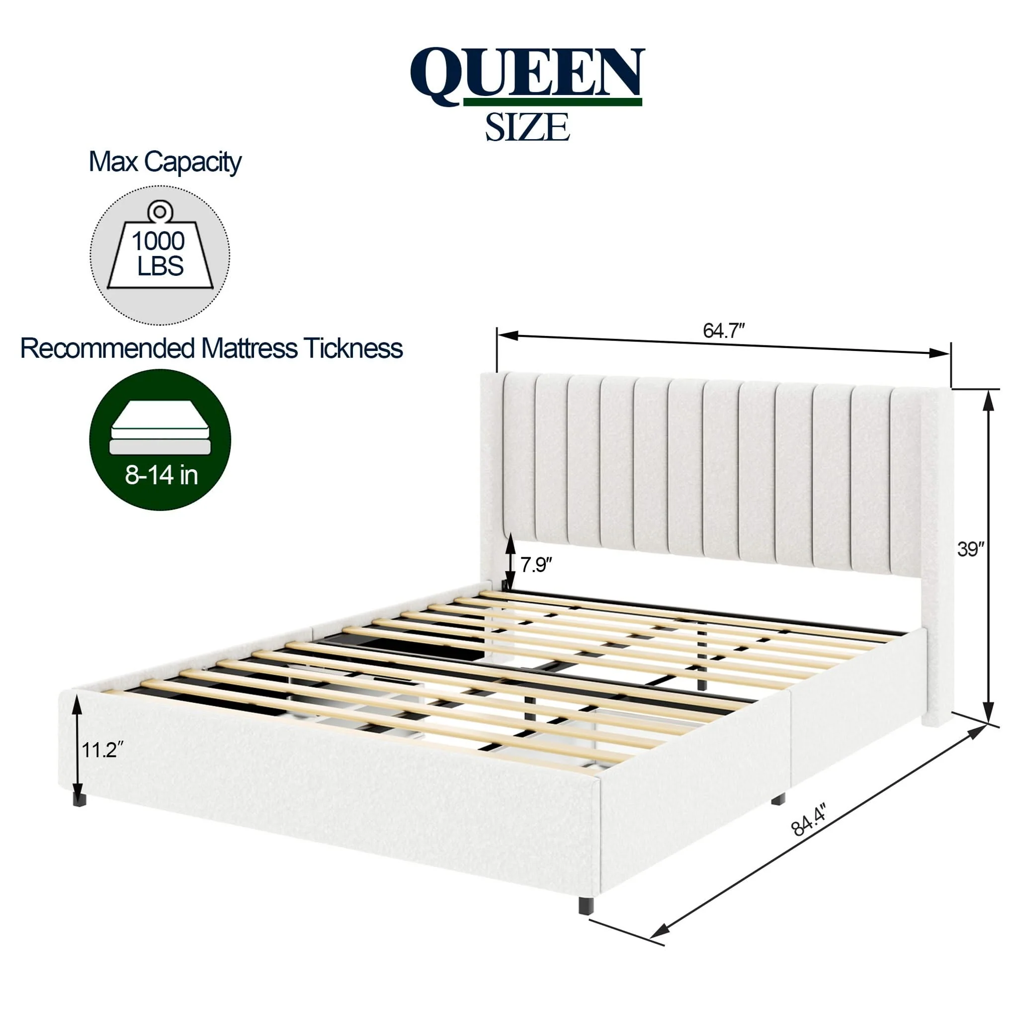 Anda - Boucle Upholstered Platform Bed With Patented Drawers Storage - Ivory - Image 8