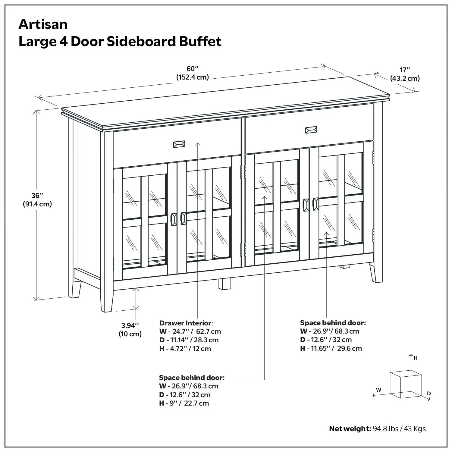Artisan - Large 4 Door Sideboard Buffet - Black - Image 4