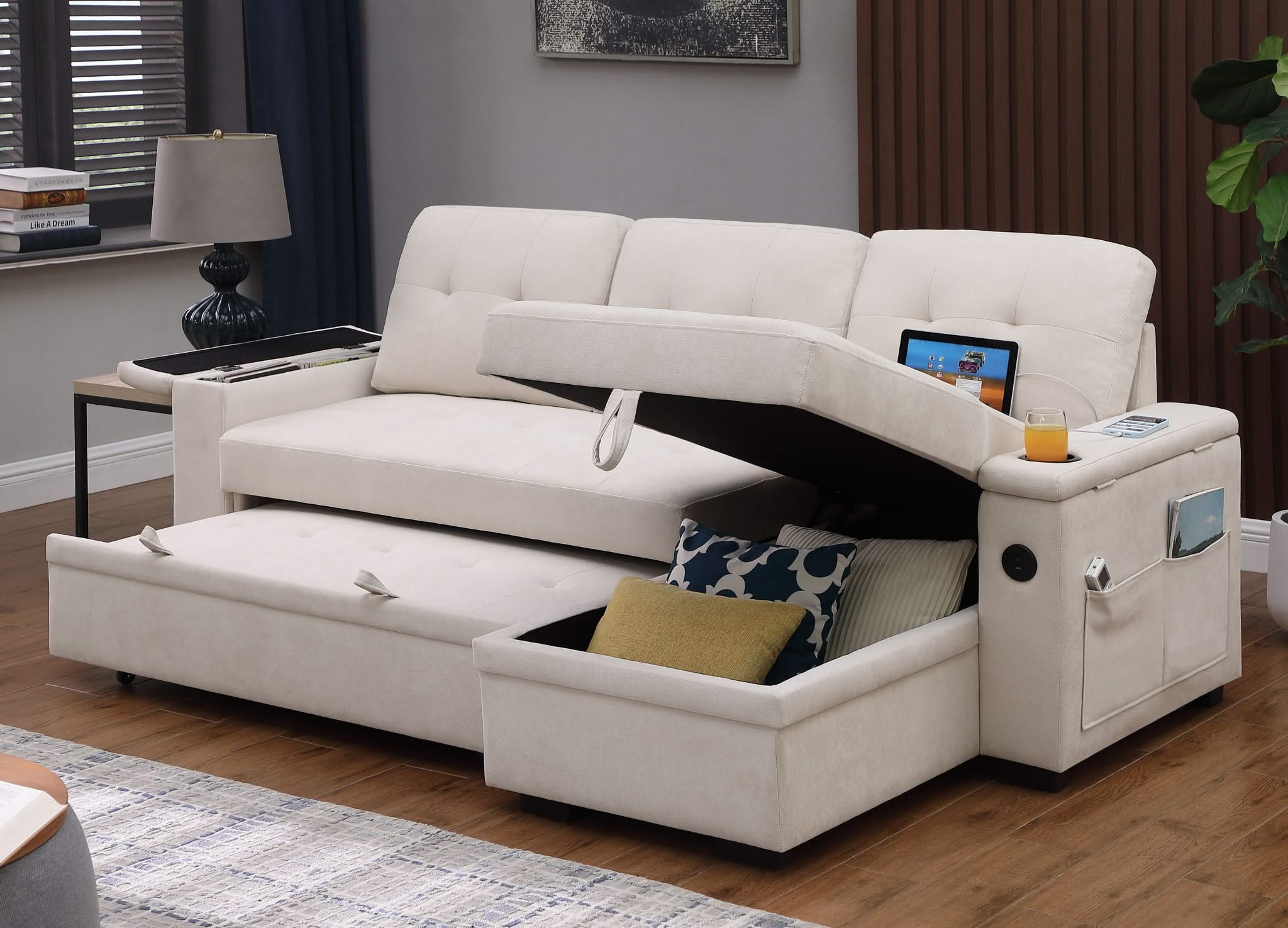 Ashlyn II - 84"W Woven Fabric Reversible Sleeper Sectional Sofa with Storage Chaise - Image 2