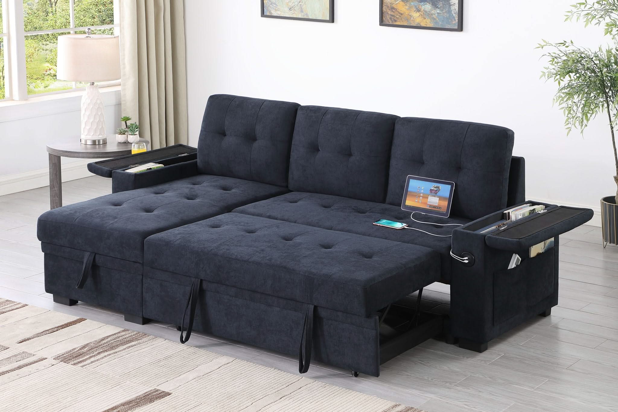 Ashlyn II - 84"W Woven Fabric Reversible Sleeper Sectional Sofa with Storage Chaise - Image 4