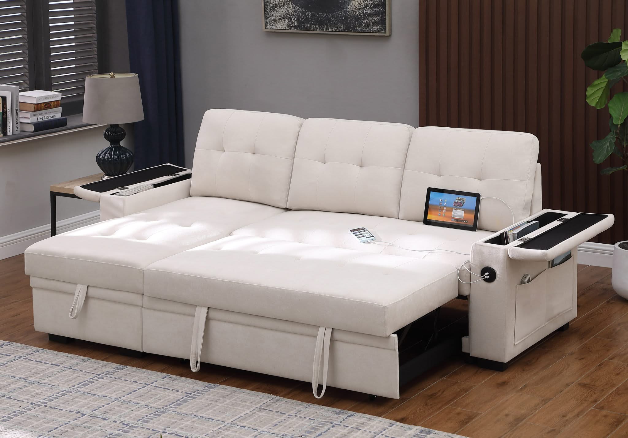 Ashlyn II - 84"W Woven Fabric Reversible Sleeper Sectional Sofa with Storage Chaise - Image 7
