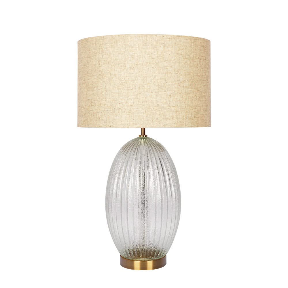 Aurora - Ribbed Lamp Base Clear Table Lamp Large Linen Shade - Beige / Clear / Gold - Image 2