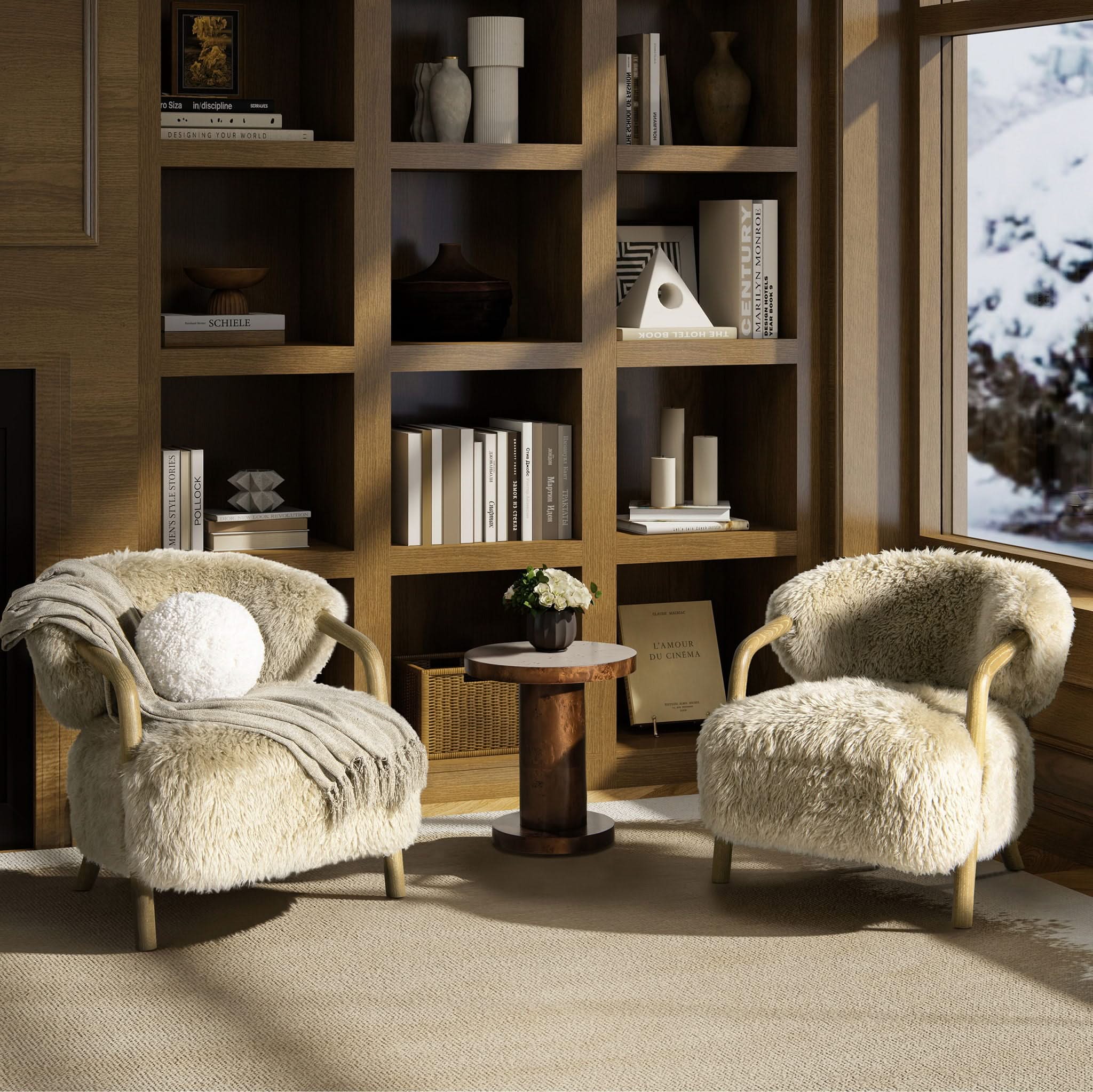 Becker - Rustic Oak Sheepskin Upholstered Accent Arm Chair - Taupe Beige - Image 2