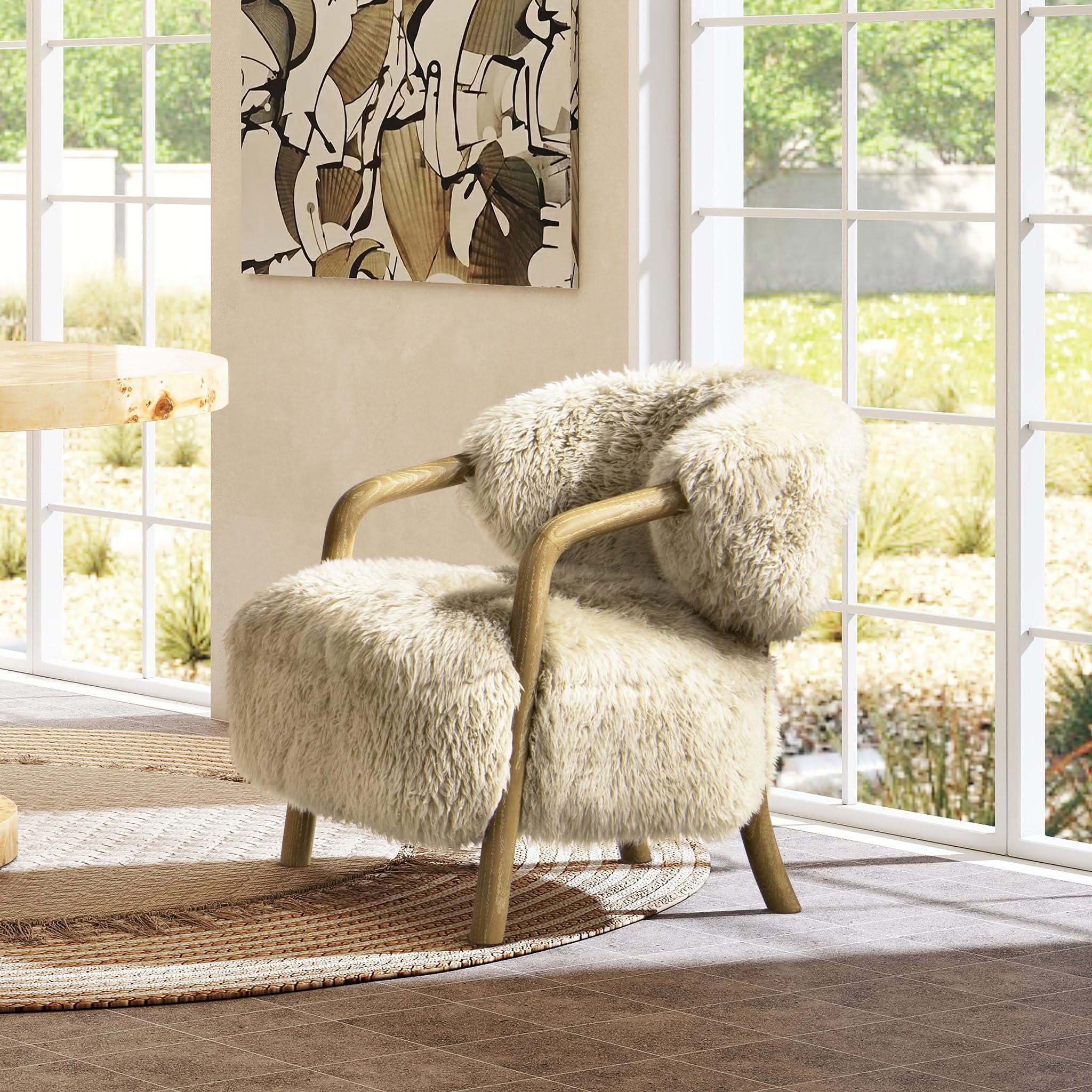 Becker - Rustic Oak Sheepskin Upholstered Accent Arm Chair - Taupe Beige - Image 3