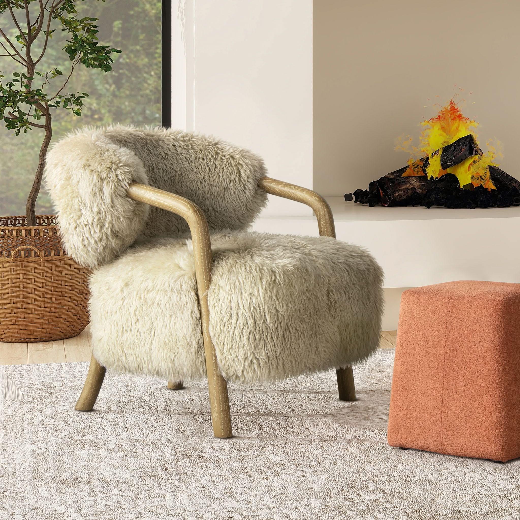 Becker - Rustic Oak Sheepskin Upholstered Accent Arm Chair - Taupe Beige - Image 4