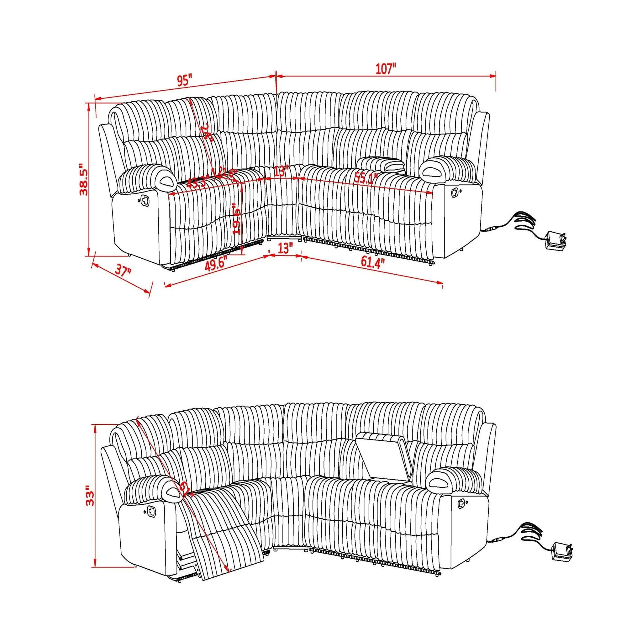 Bruni - Sectional Sofa With LED Lighting And Manual Recline - Gray - Image 2