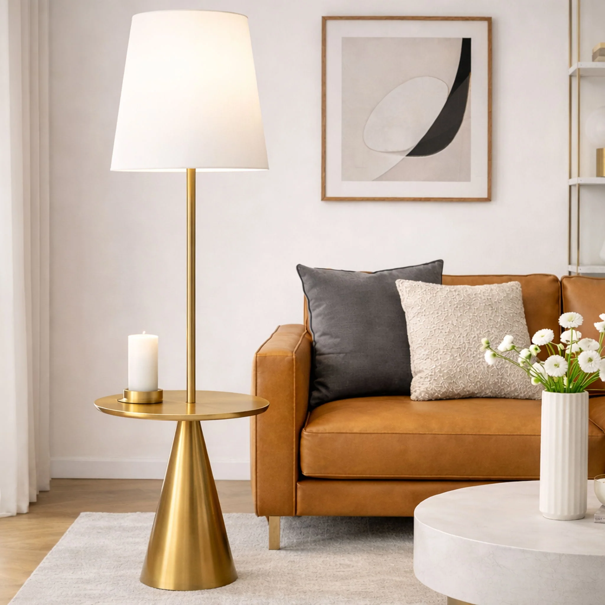 Celestial - Modern Floor Lamp With Accent Table With Large Shade - Gold / White - Image 2