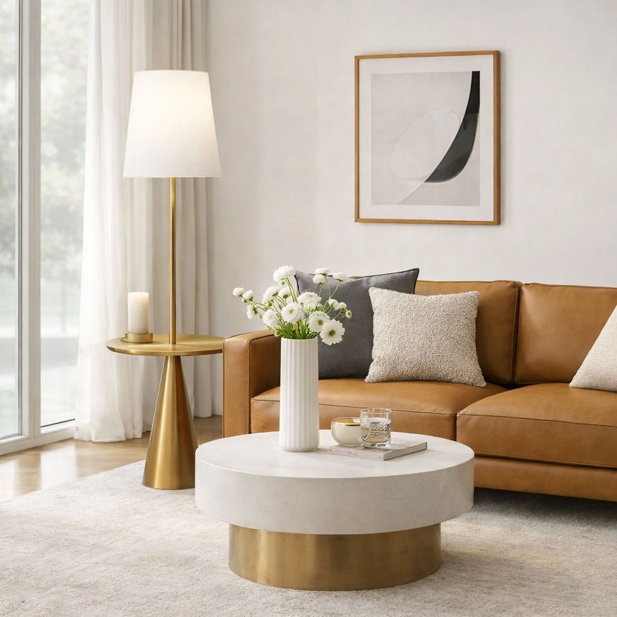 Celestial - Modern Floor Lamp With Accent Table With Large Shade - Gold / White - Image 3