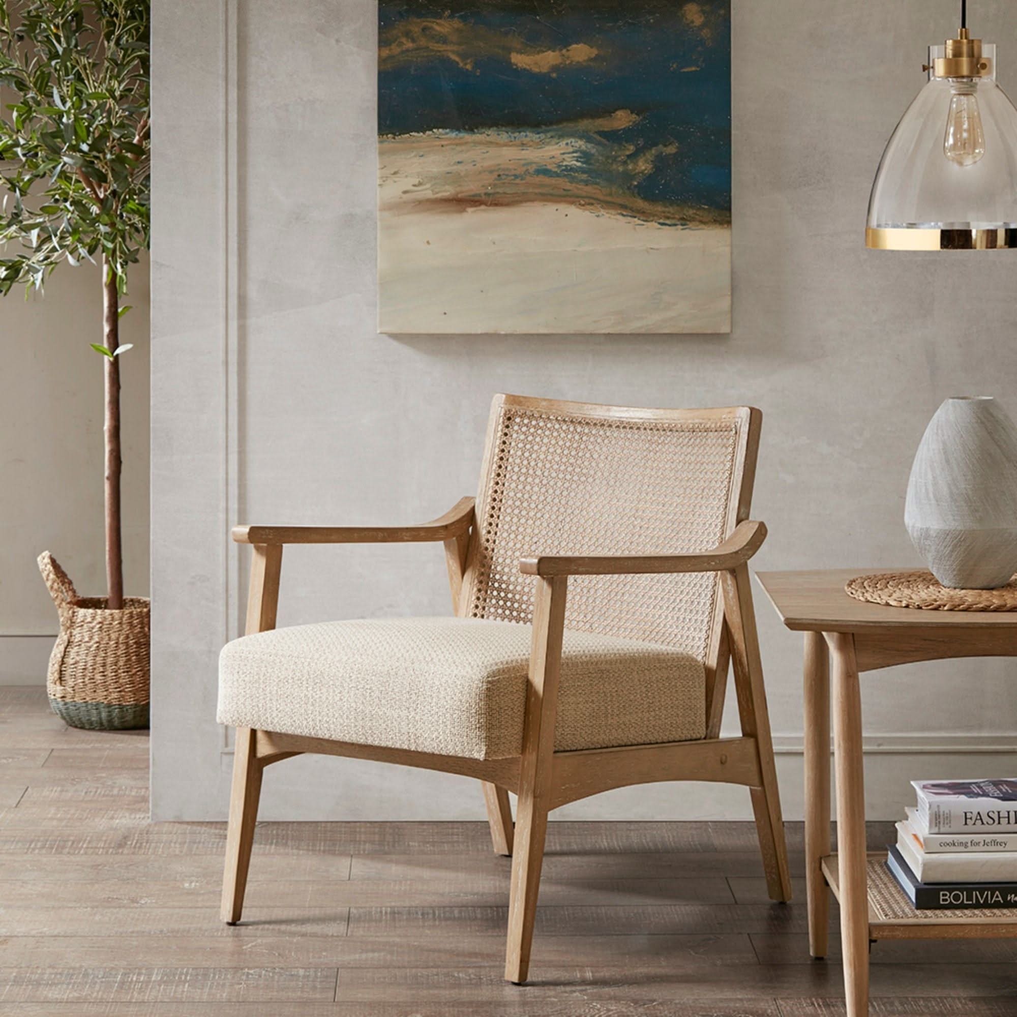 Chair With Cane Inset Back And Upholstered Seat - Light Brown - Image 4