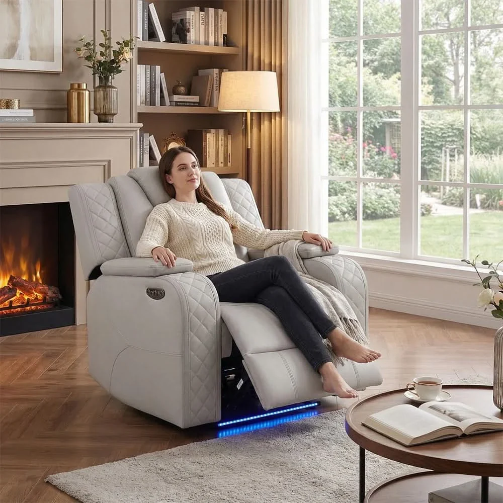 Cleo Black or Dove Contemporary Power Recliner with Power Headrest and LED Lighting