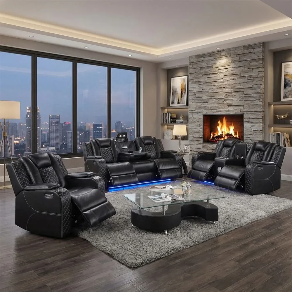 Cleo Black or Dove Contemporary Power Reclining Sofa with Power Headrests LED Lights and Dropdown Table - Image 17