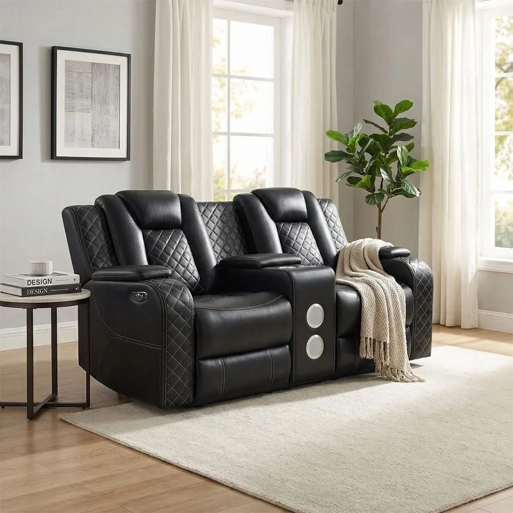 Cleo Black or Dove Contemporary Power Reclining Loveseat with Console Power Headrests LED Lights and Bluetooth Speakers - Image 2