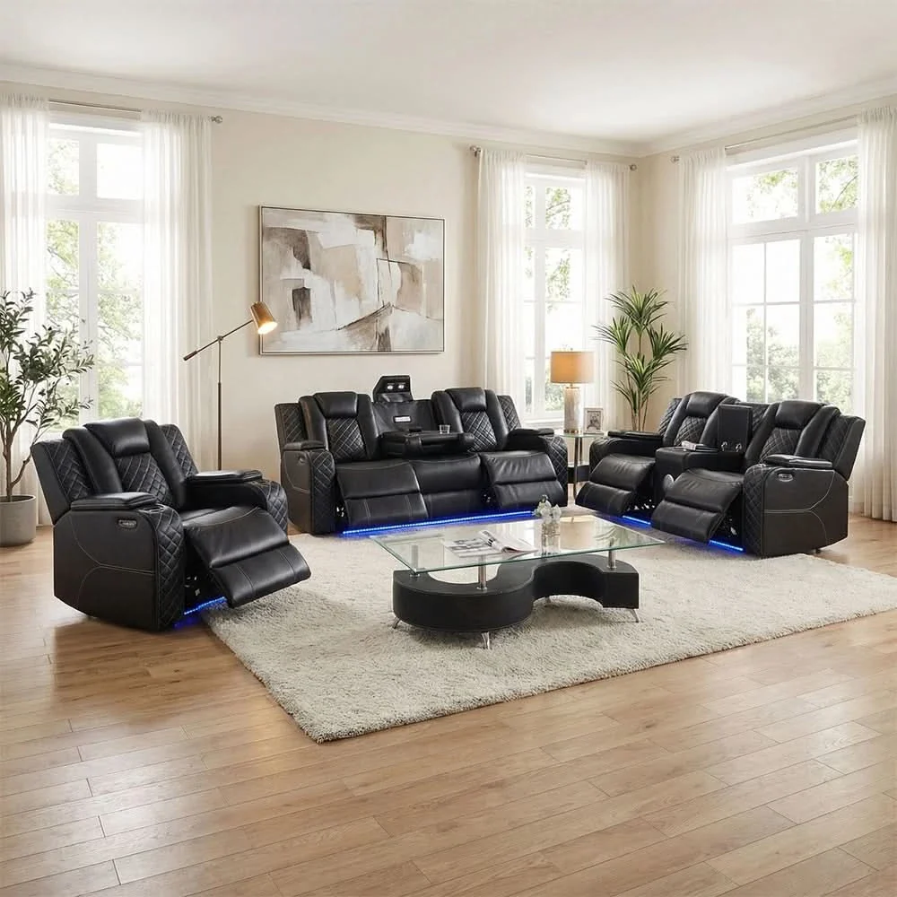 Cleo Black or Dove Contemporary Power Reclining Sofa with Power Headrests LED Lights and Dropdown Table - Image 19