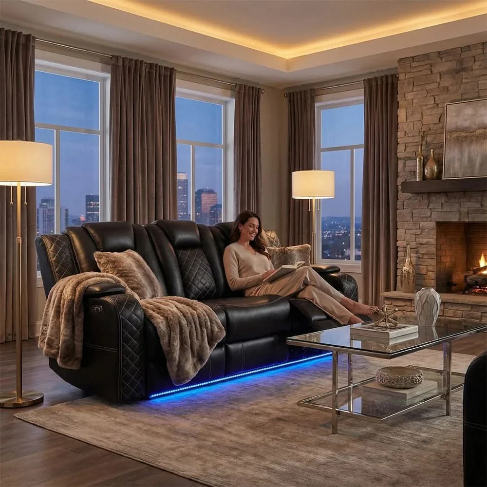 Cleo Black or Dove Contemporary Power Reclining Sofa with Power Headrests LED Lights and Dropdown Table - Image 2