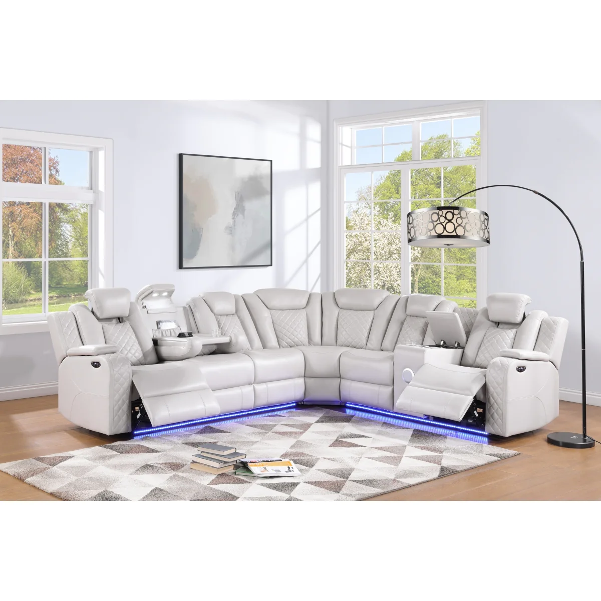 Cleo Black or Dove Contemporary 3PC Power Reclining Sectional with LED Lights Bluetooth Speakers and Cup Holders - Image 4