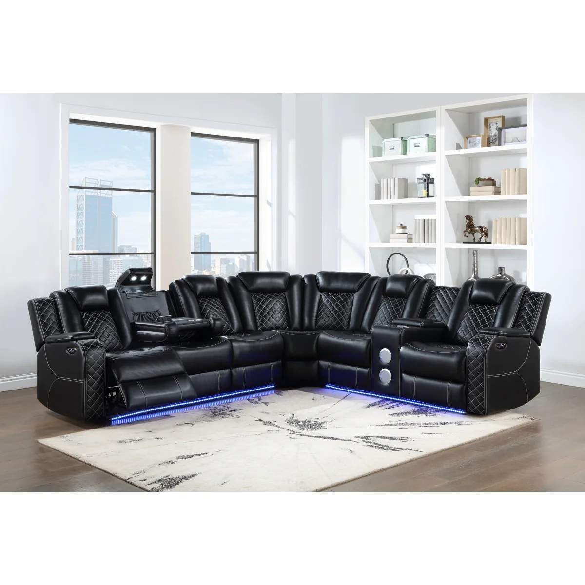 Cleo Black or Dove Contemporary 3PC Power Reclining Sectional with LED Lights Bluetooth Speakers and Cup Holders - Image 5