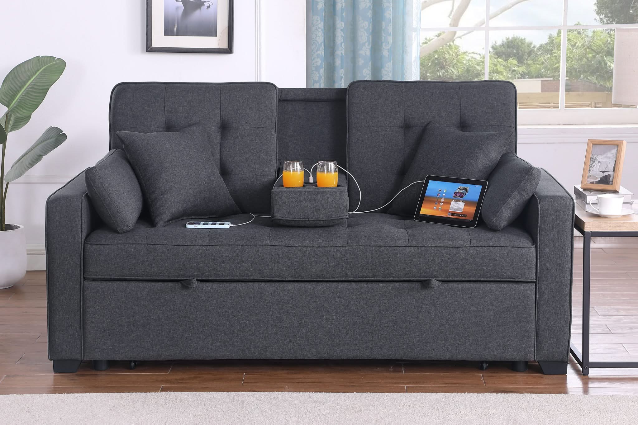 Cody II - Convertible Sleeper Loveseat With Cup Holder, Charging Ports and Pocket - Dark Gray - Image 2