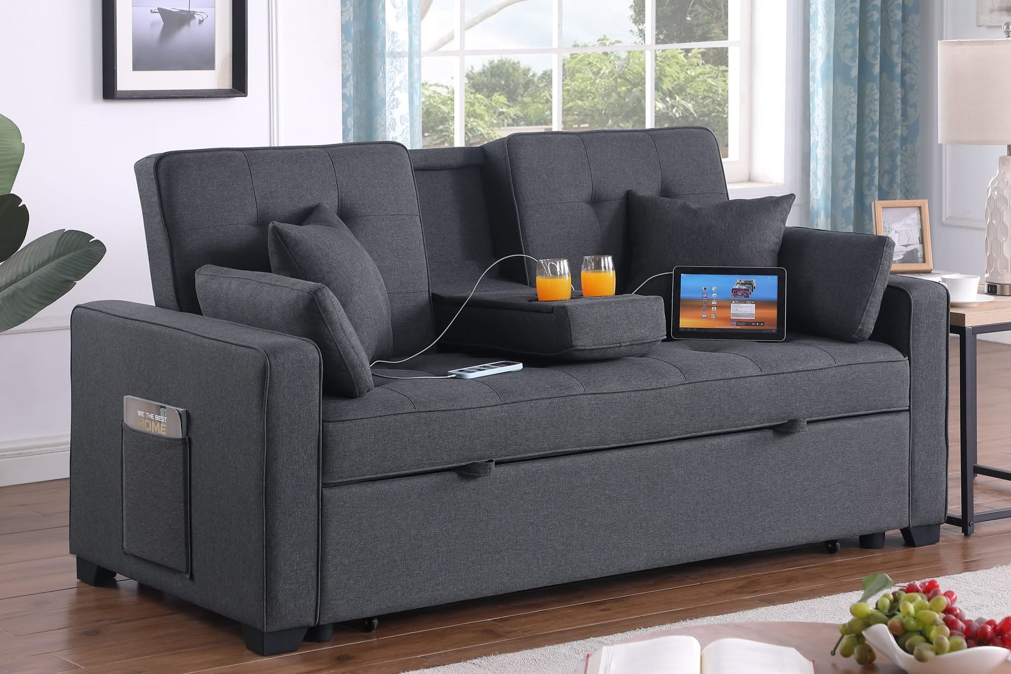 Cody II - Convertible Sleeper Loveseat With Cup Holder, Charging Ports and Pocket - Dark Gray - Image 3