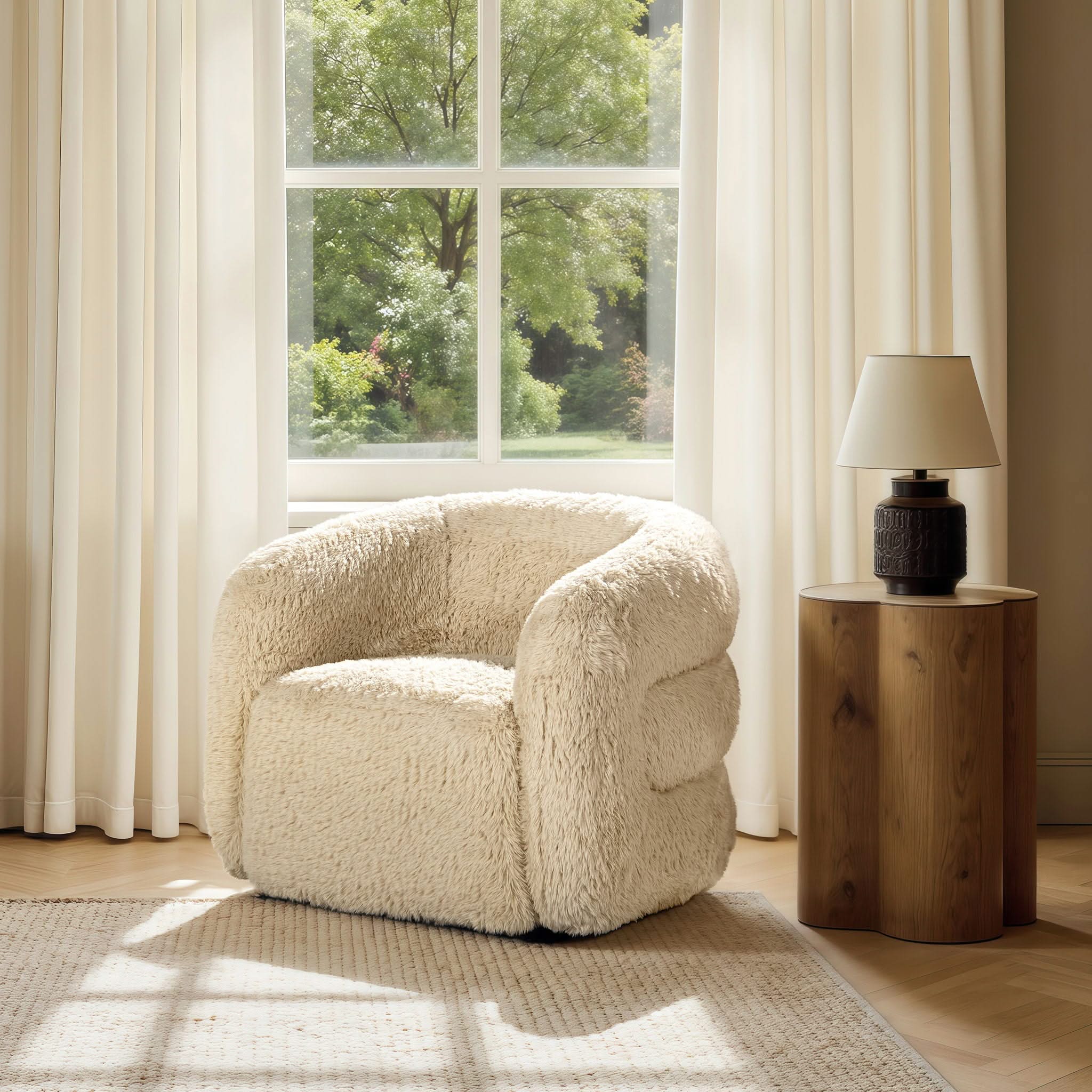 Colt - Fur Swivel Upholstered Barrel Accent Arm Chair - Cream Beige - Image 2