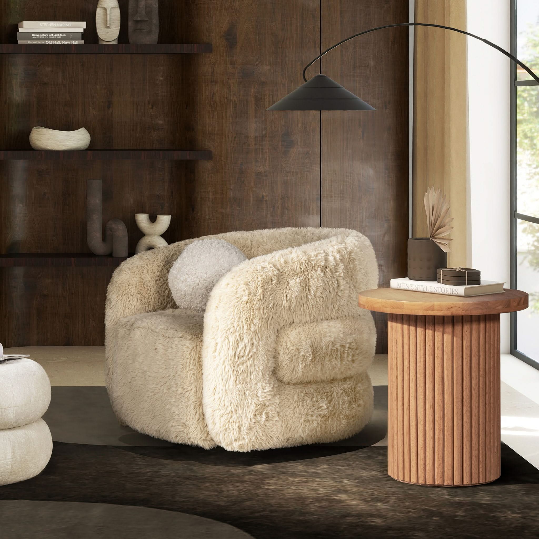 Colt - Fur Swivel Upholstered Barrel Accent Arm Chair - Cream Beige - Image 4