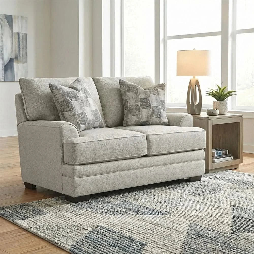Crosby Dove Contemporary Loveseat with Track Arms and Accent Pillows