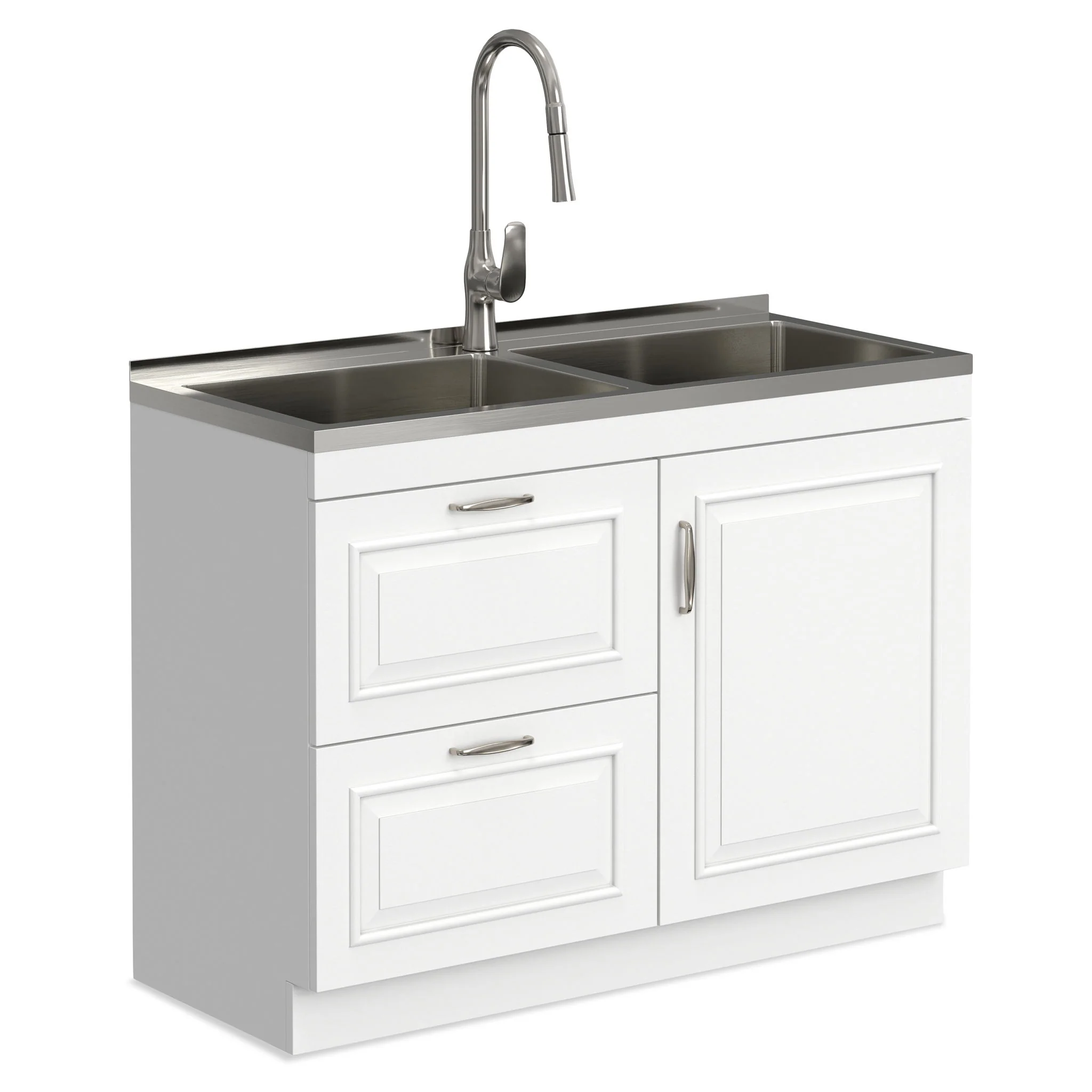 Darwin - Laundry Utility Sink And Cabinet With Dual Sinks, Pull Out Faucet - White