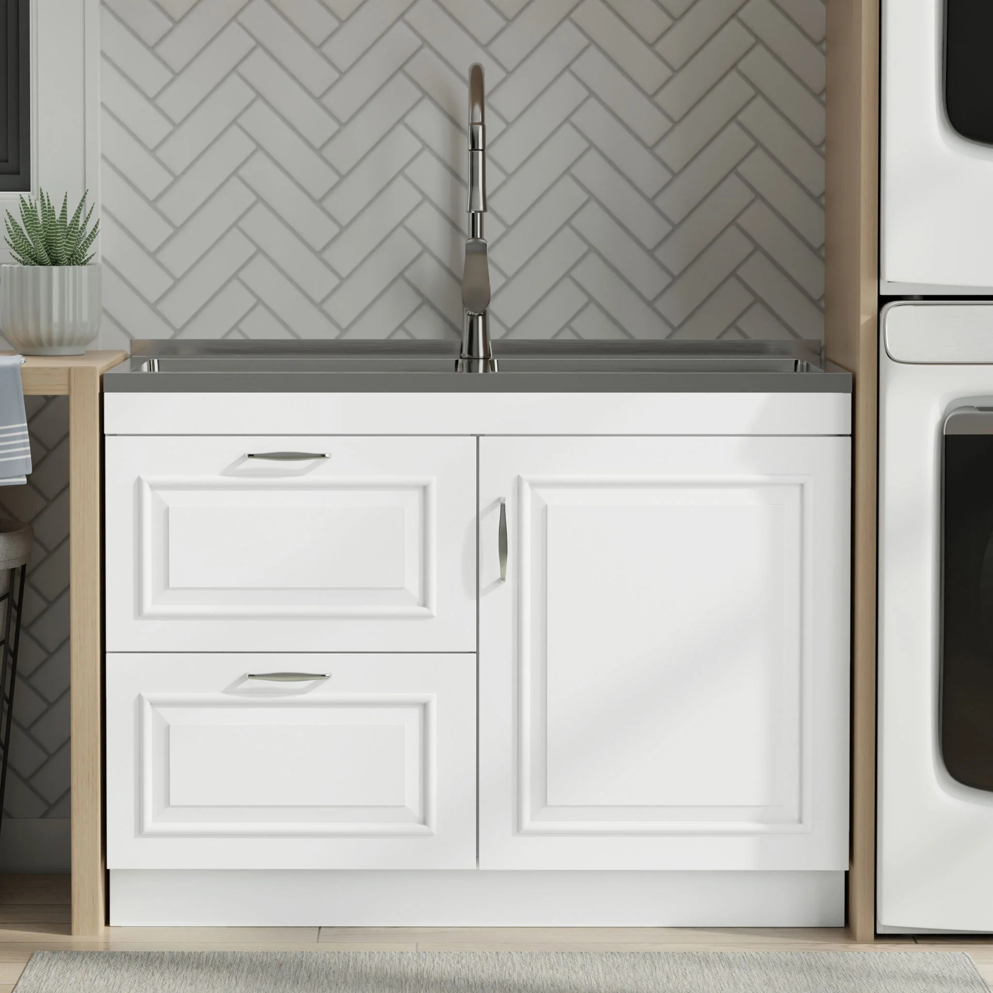 Darwin - Laundry Utility Sink And Cabinet With Dual Sinks, Pull Out Faucet - White - Image 2