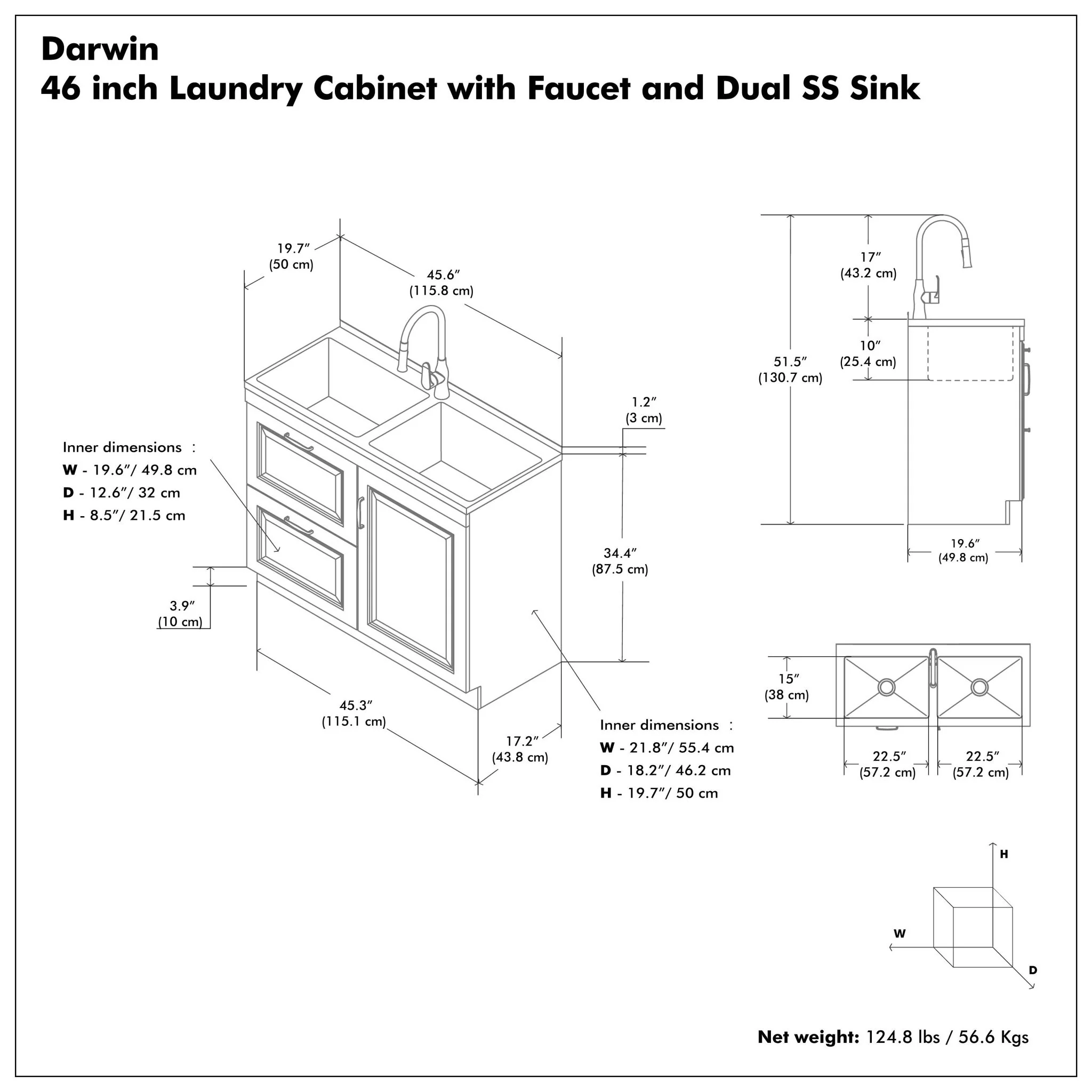Darwin - Laundry Utility Sink And Cabinet With Dual Sinks, Pull Out Faucet - White - Image 3