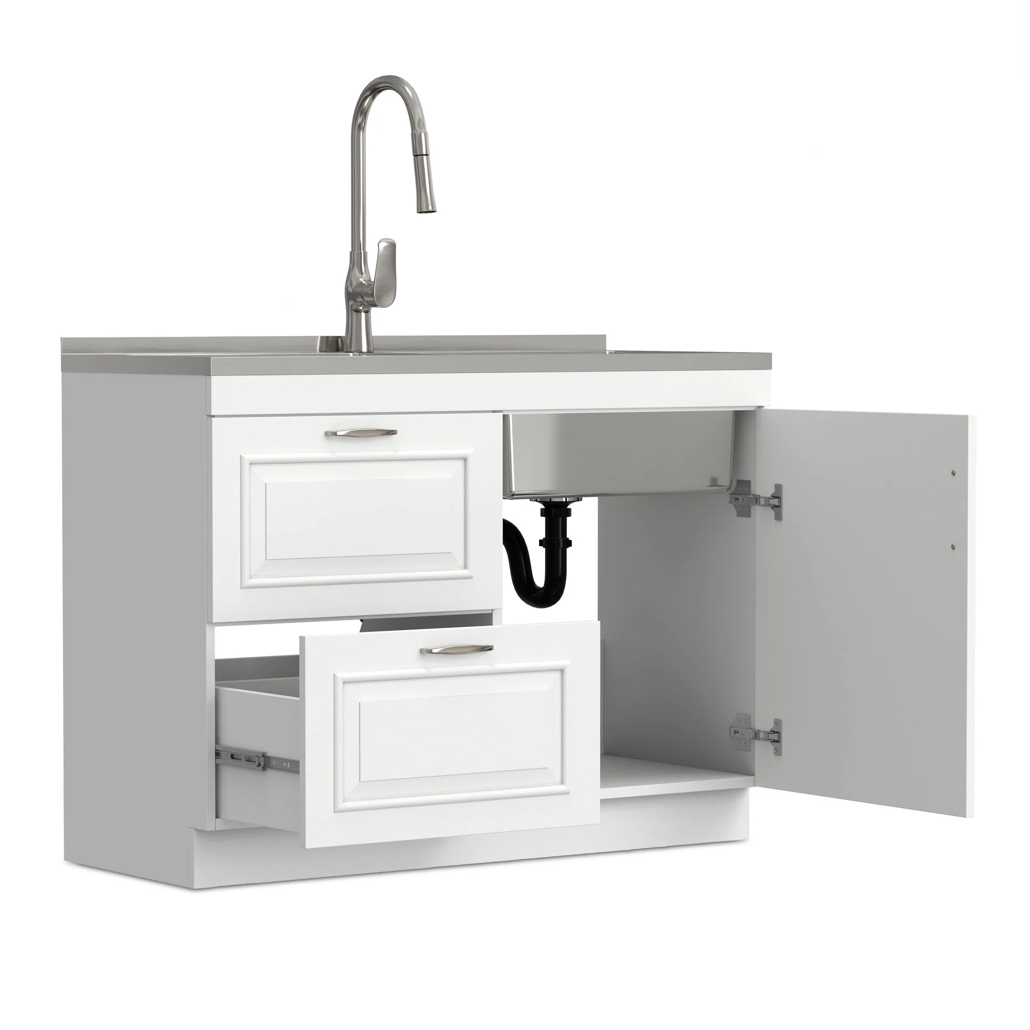 Darwin - Laundry Utility Sink And Cabinet With Dual Sinks, Pull Out Faucet - White - Image 4