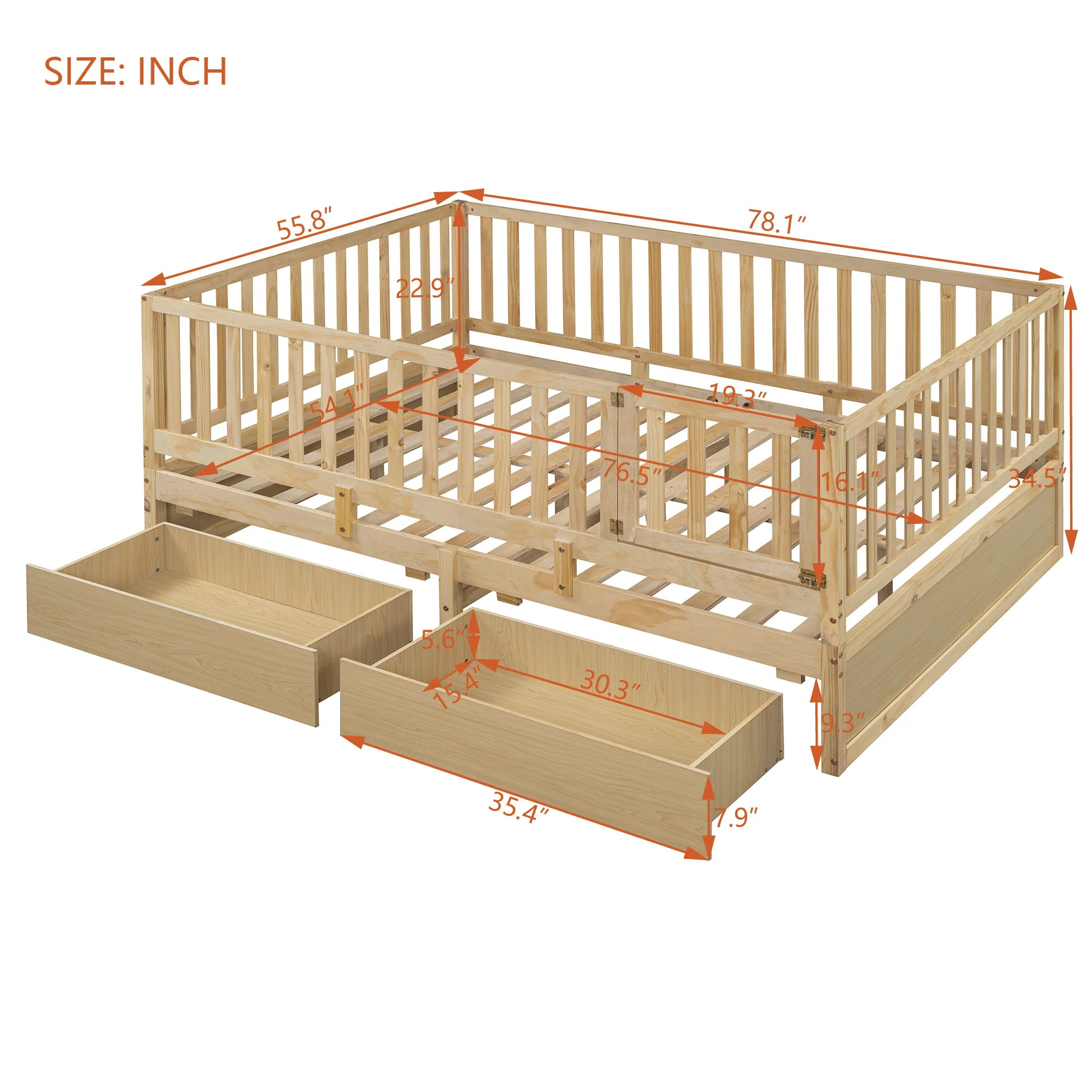 Daybed With Fence Guardrails And 2 Drawers, Split Into Independent Floor Bed & Daybed - Image 17