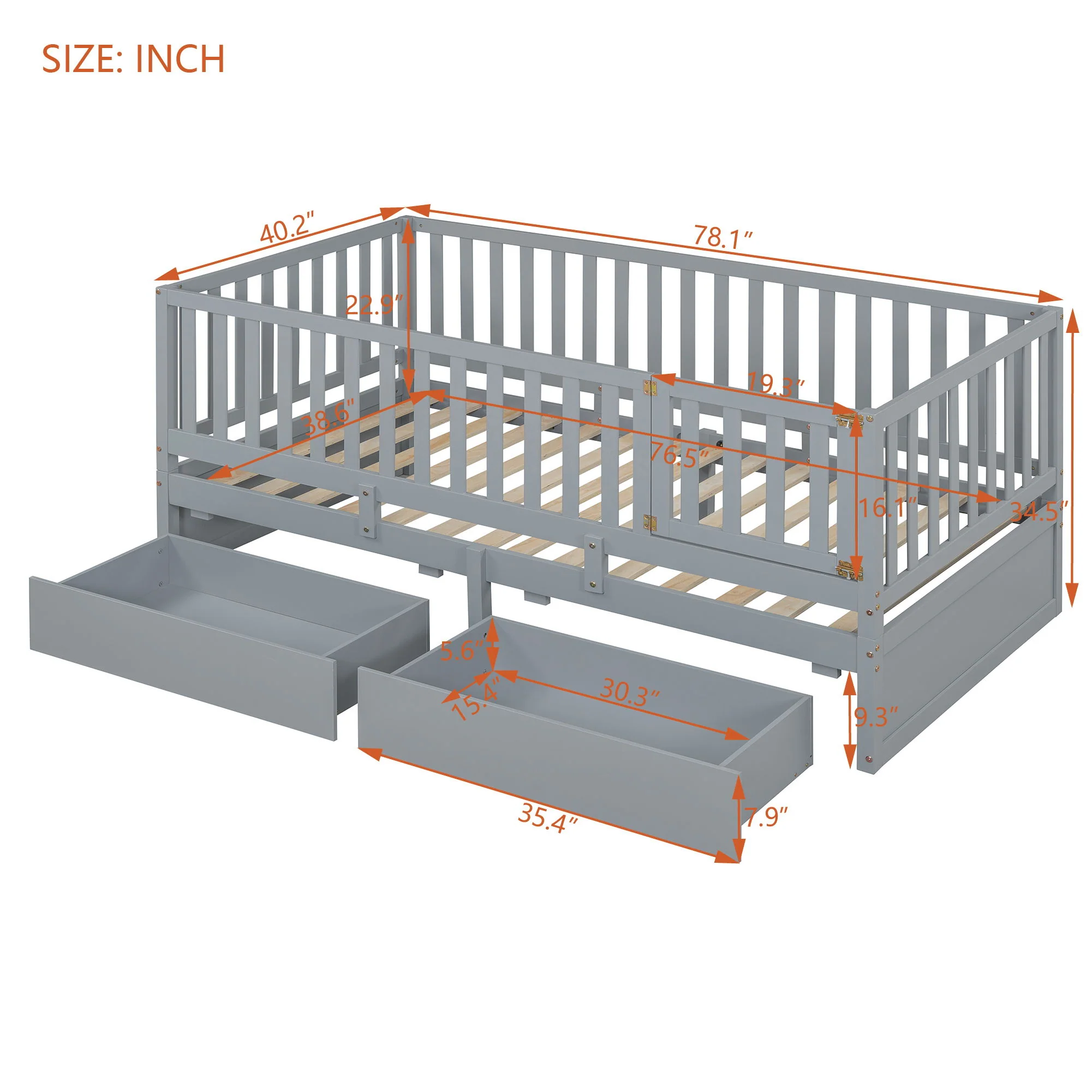 Daybed With Fence Guardrails And 2 Drawers, Split Into Independent Floor Bed & Daybed - Image 18