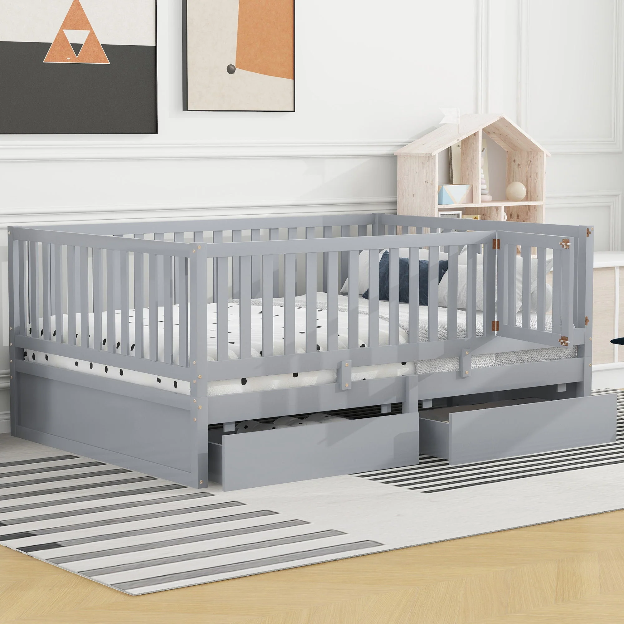 Daybed With Fence Guardrails And 2 Drawers, Split Into Independent Floor Bed & Daybed - Image 21