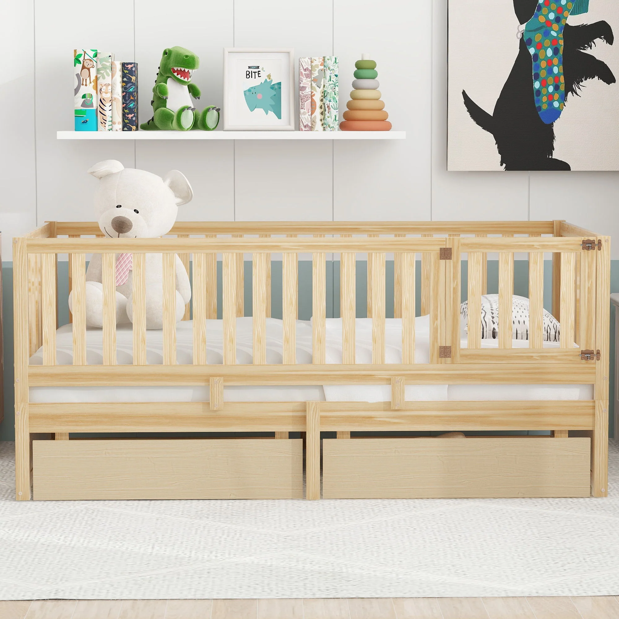 Daybed With Fence Guardrails And 2 Drawers, Split Into Independent Floor Bed & Daybed - Image 7