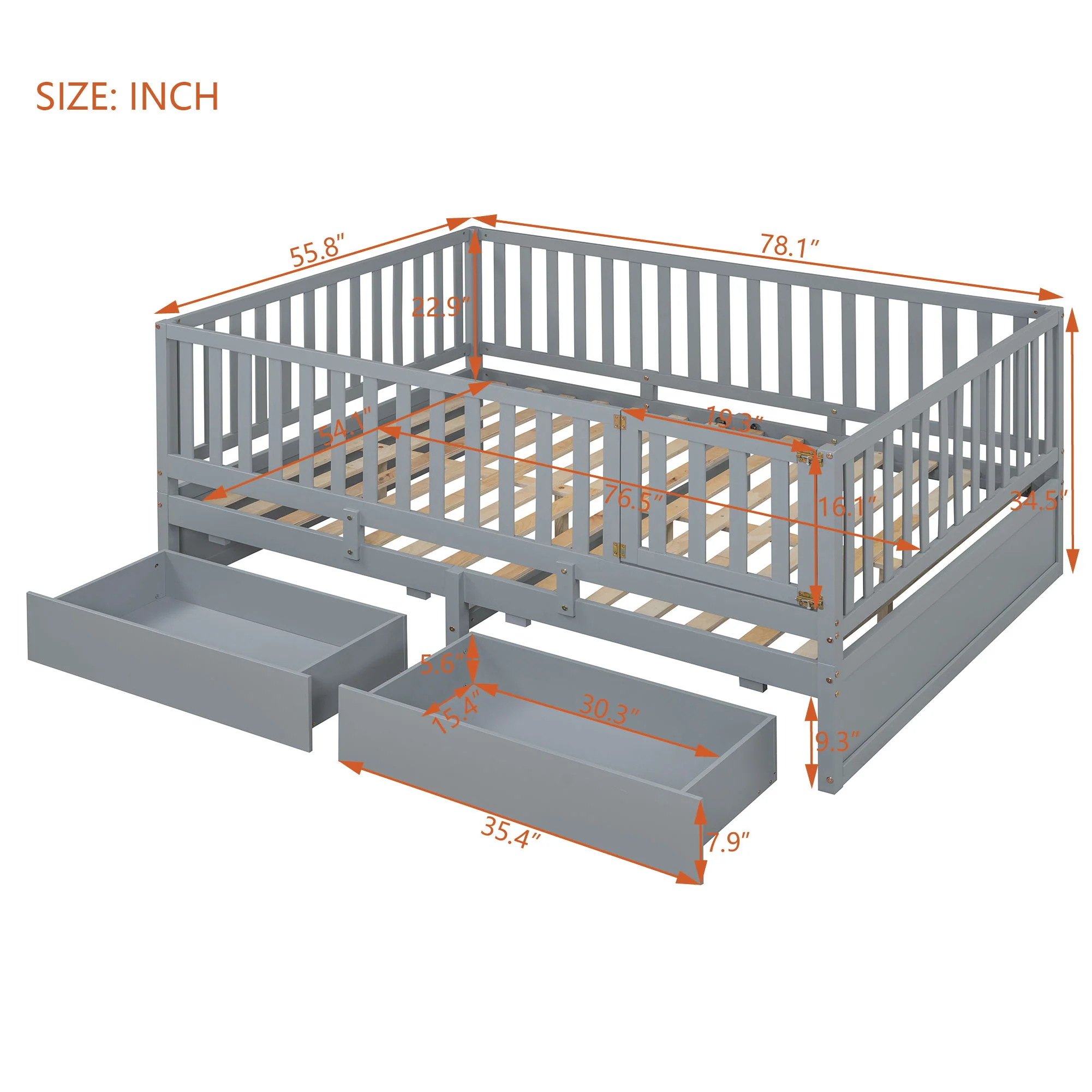 Daybed With Fence Guardrails And 2 Drawers, Split Into Independent Floor Bed & Daybed - Image 8