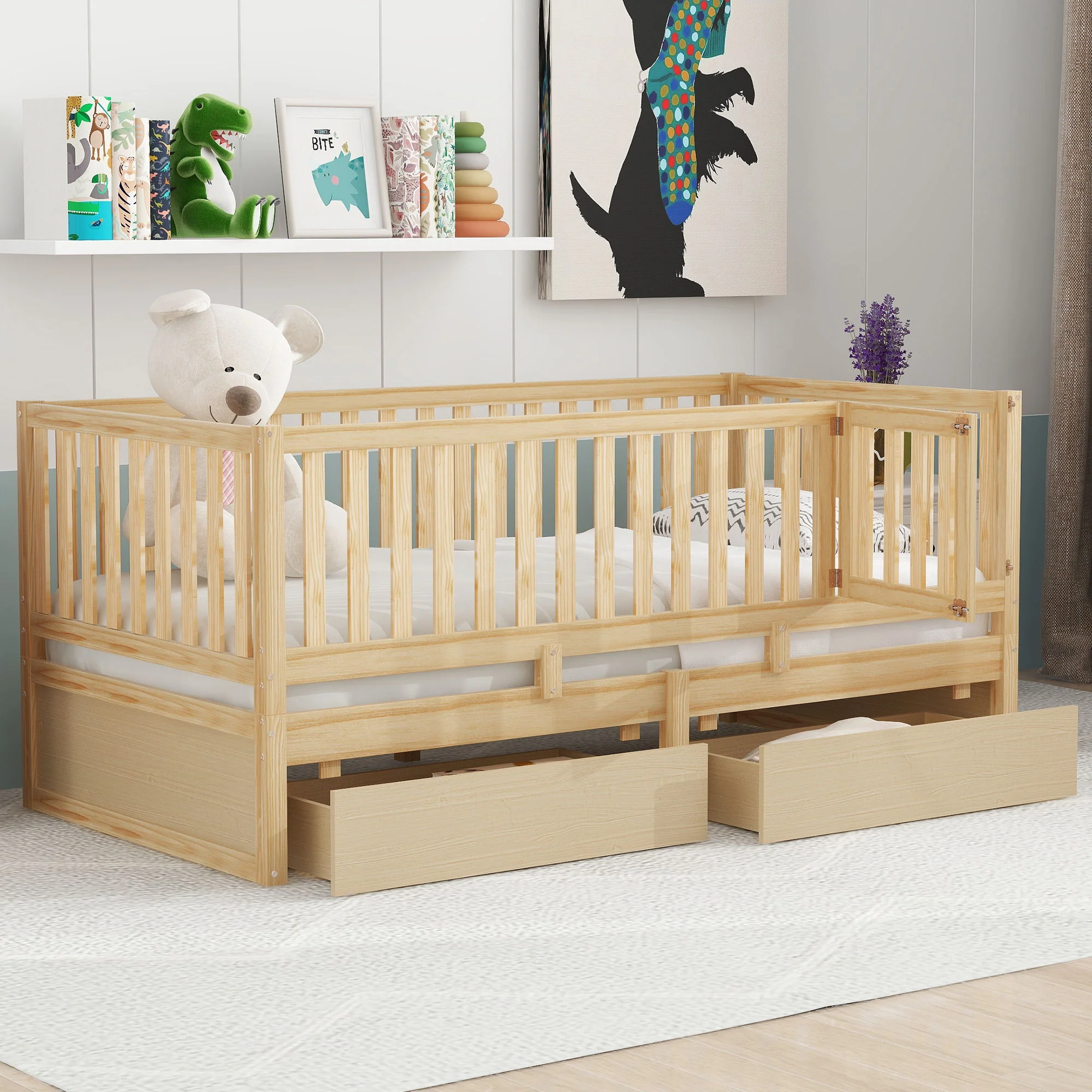 Daybed With Fence Guardrails And 2 Drawers, Split Into Independent Floor Bed & Daybed - Image 9