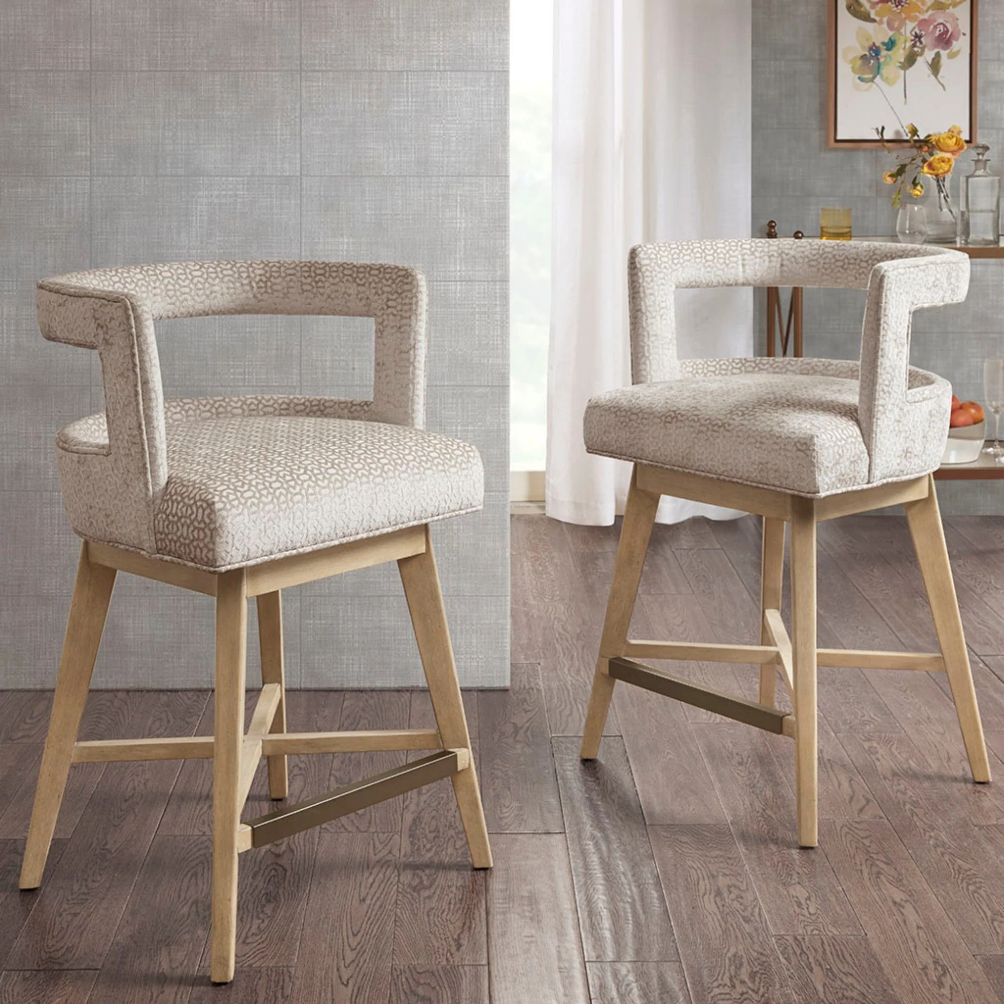 Design Swivel Counter Stool With Low Back Support Polyester And Solid Wood - Cream - Image 3